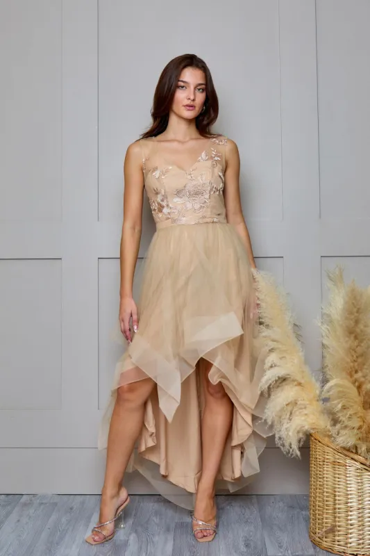 V Neck Embroidered Dip Hem Midi Dress in Beige sold by Chi Chi London