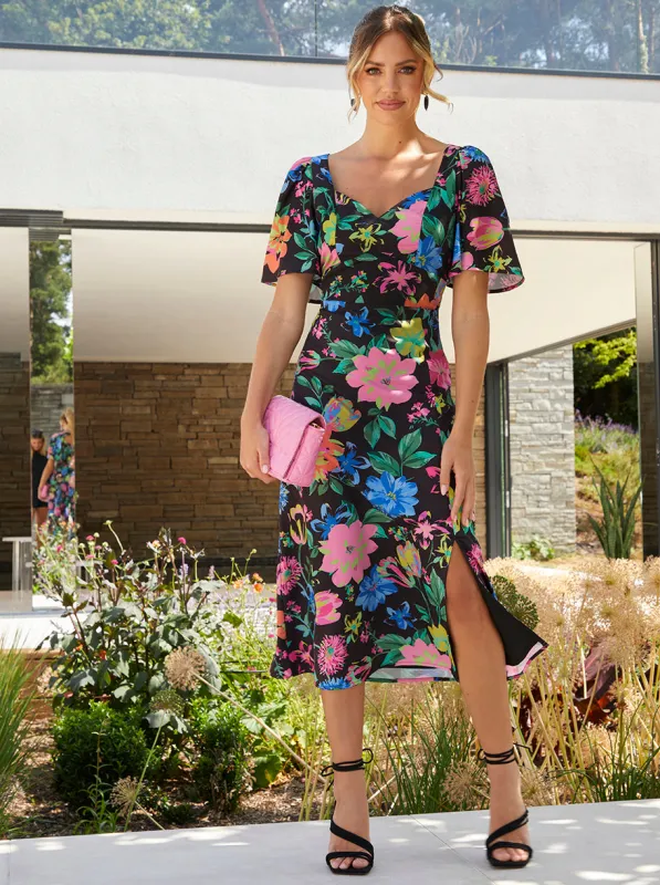 Short Sleeve Floral Midi Dress in Black sold by Chi Chi London