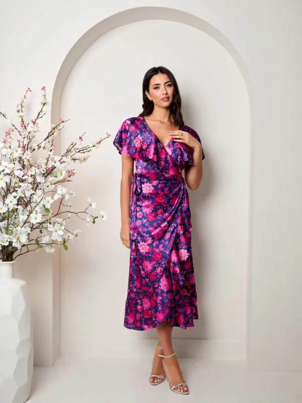 V Neck Floral Wrap Midi Dress in Multi sold by Chi Chi London