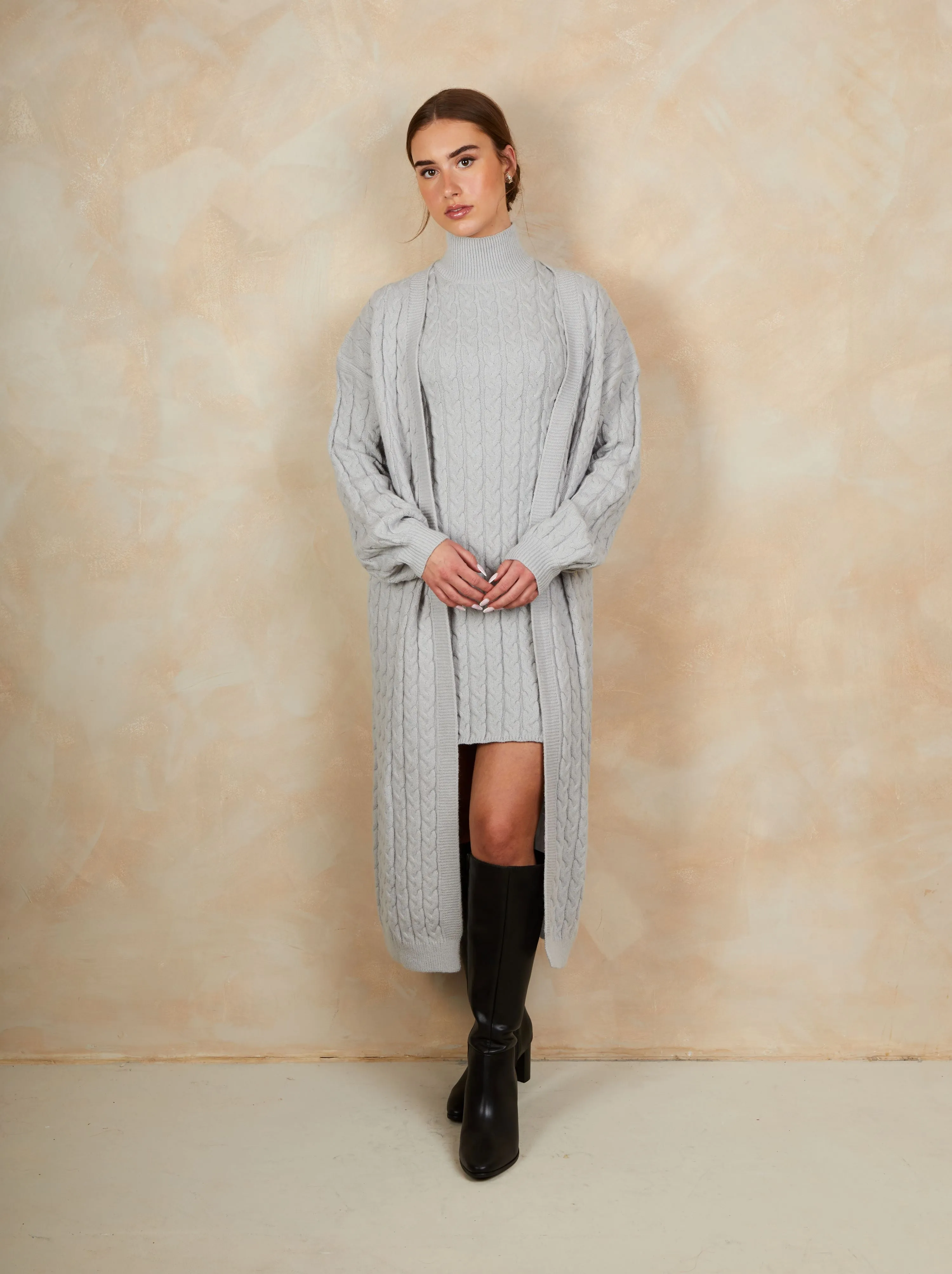 All-Over Knitted Cable Longline Cardigan in Grey sold by Chi Chi London