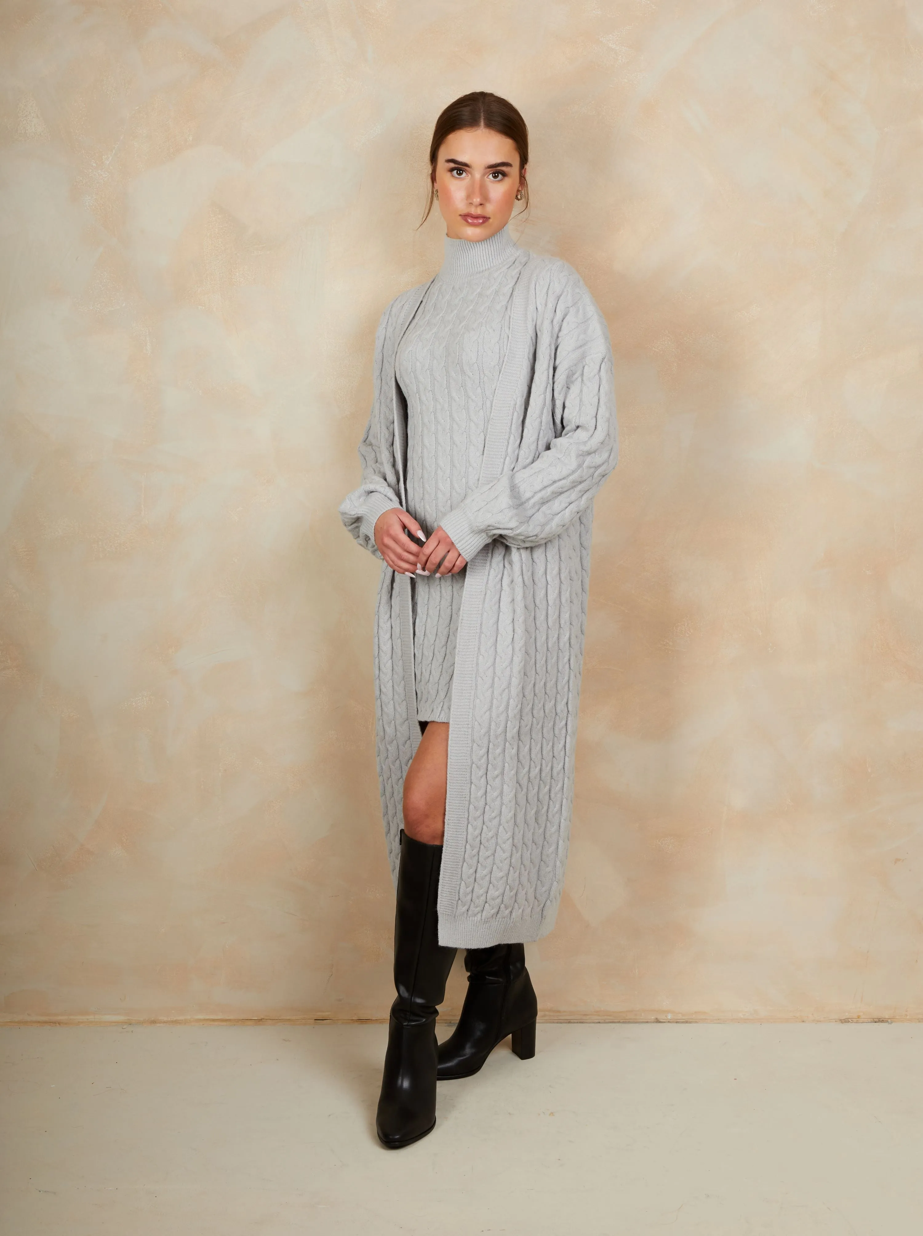 All-Over Knitted Cable Longline Cardigan in Grey sold by Chi Chi London product image thumbnail 2