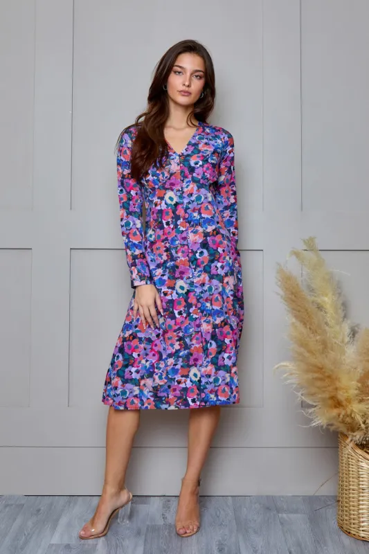 Floral Printed Button Front Satin Midi Dress in Multi sold by Chi Chi London
