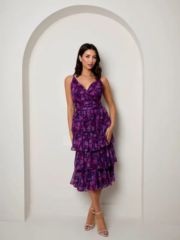 Sleeveless Floral Print Midi Dress in Purple sold by Chi Chi London