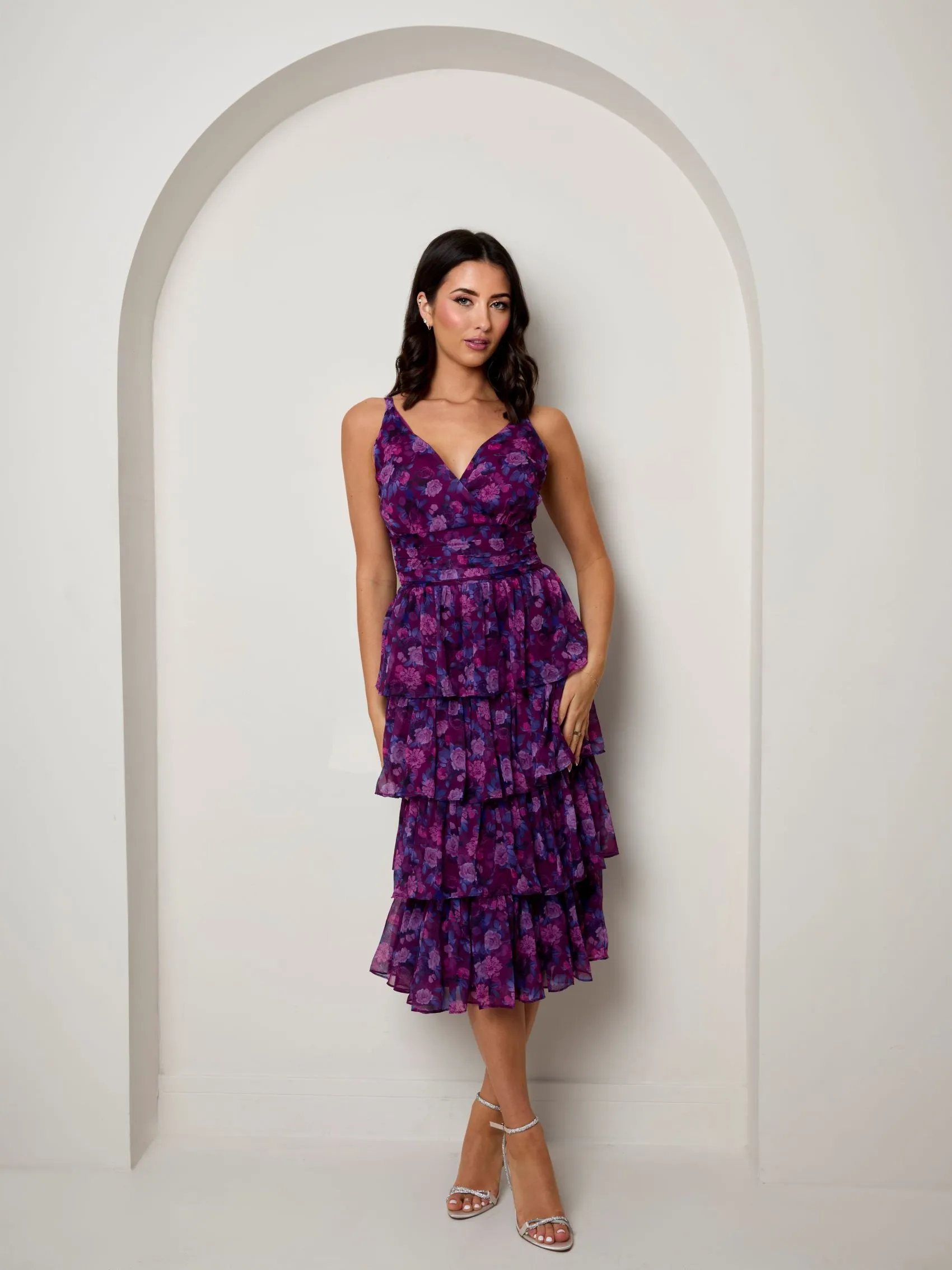 Sleeveless Floral Print Midi Dress in Purple sold by Chi Chi London