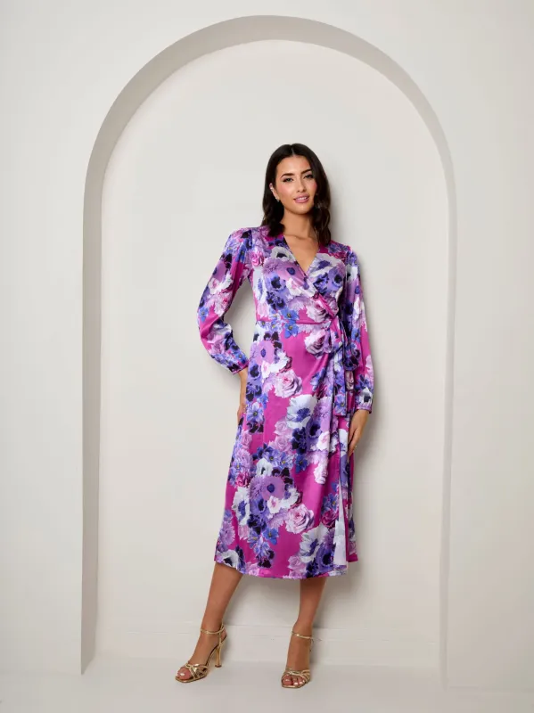 Long Sleeve Floral Wrap Dress in Purple made by Chi Chi London