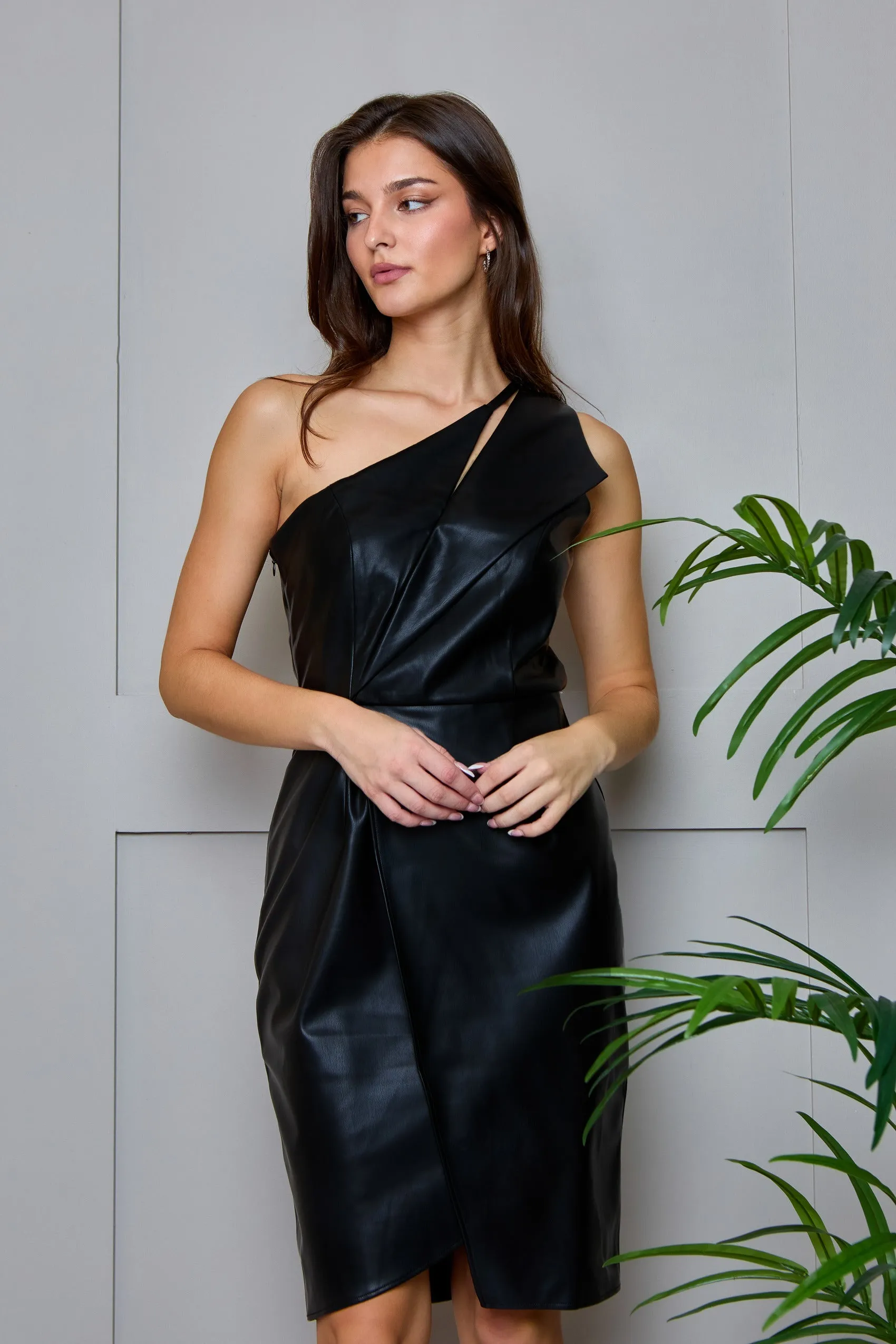 One Shoulder PU Cut Out Mini Dress in Black sold by Chi Chi London product image thumbnail 5