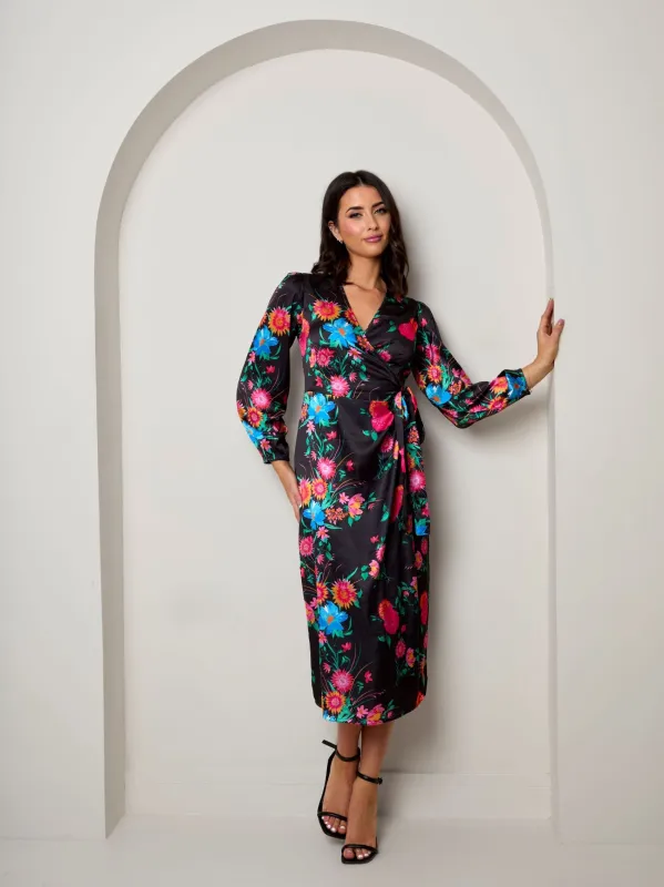 Long Sleeve Floral Wrap Dress in Black made by Chi Chi London