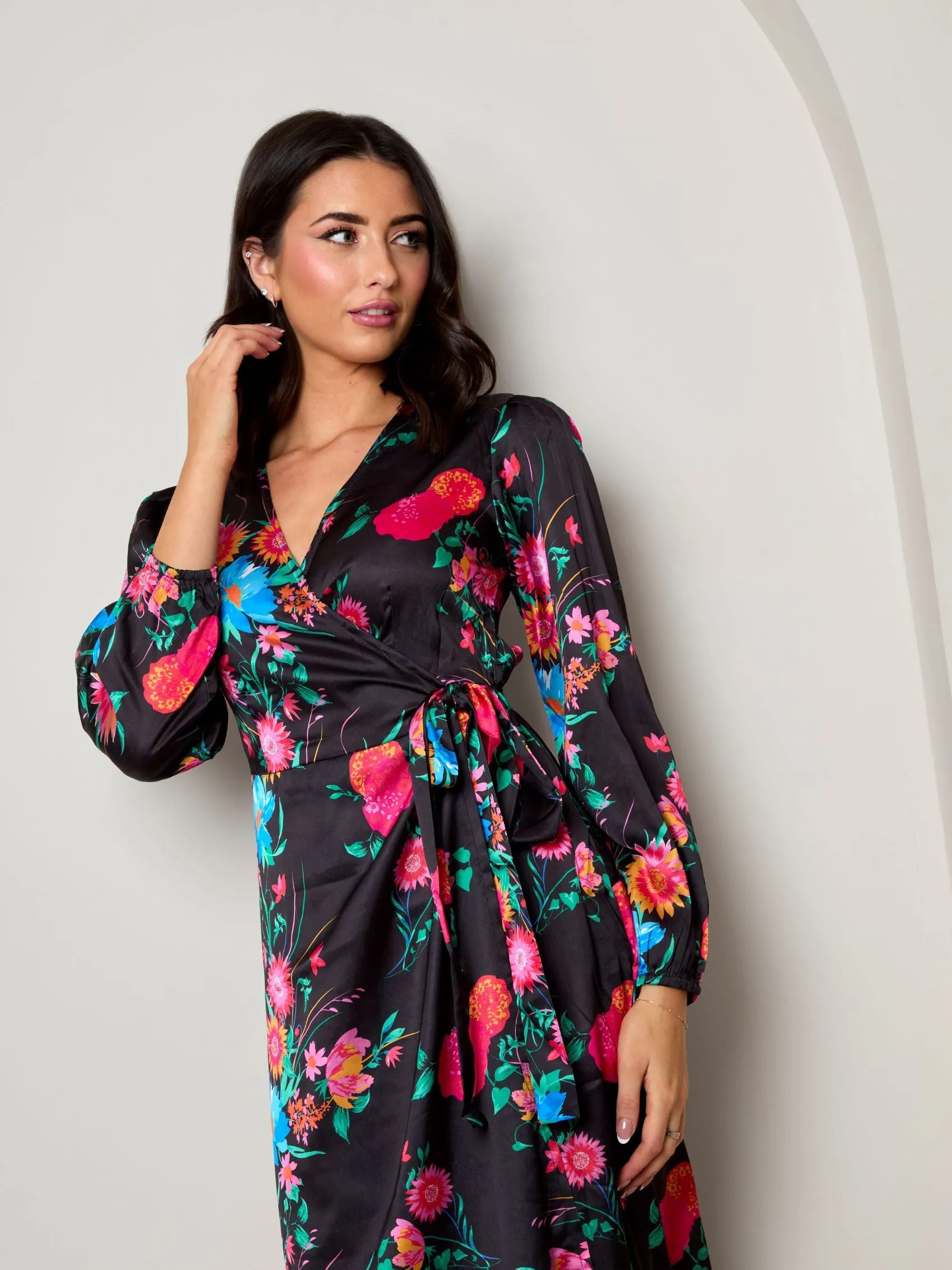 Long Sleeve Floral Wrap Dress in Black sold by Chi Chi London product image thumbnail 5
