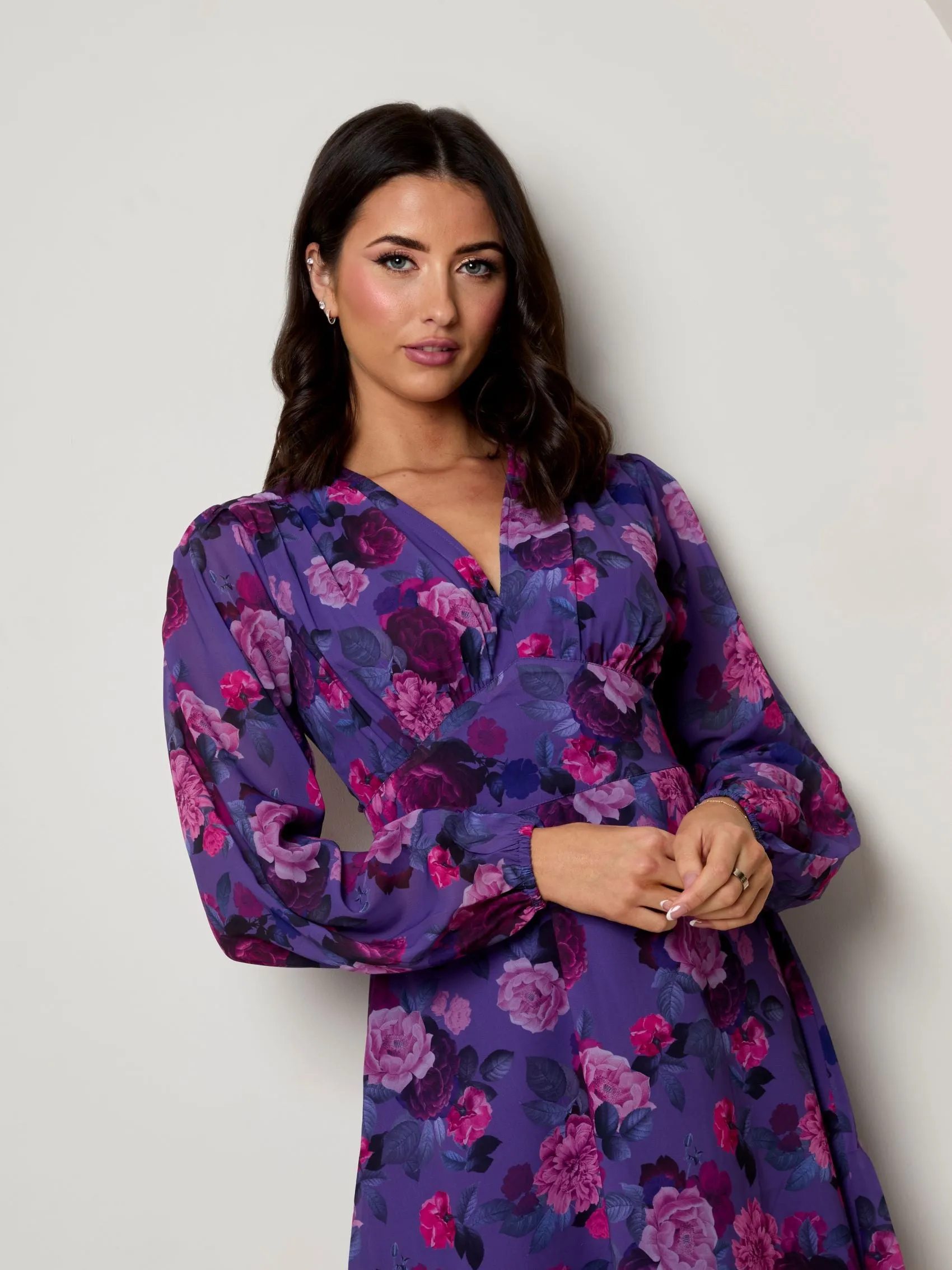 V Neck Floral Printed Chiffon Dress in Purple sold by Chi Chi London product image thumbnail 2