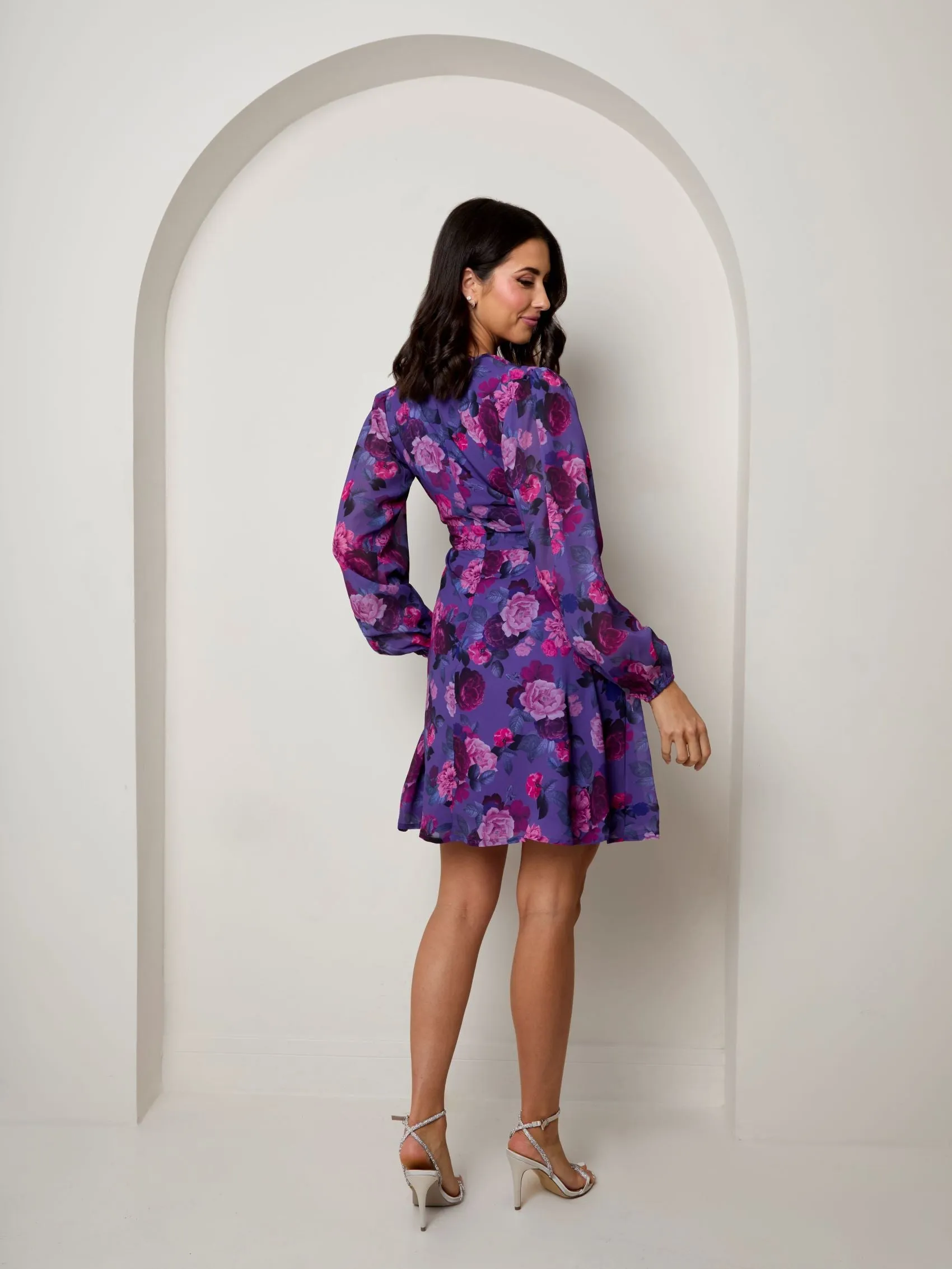 V Neck Floral Printed Chiffon Dress in Purple sold by Chi Chi London product image thumbnail 3