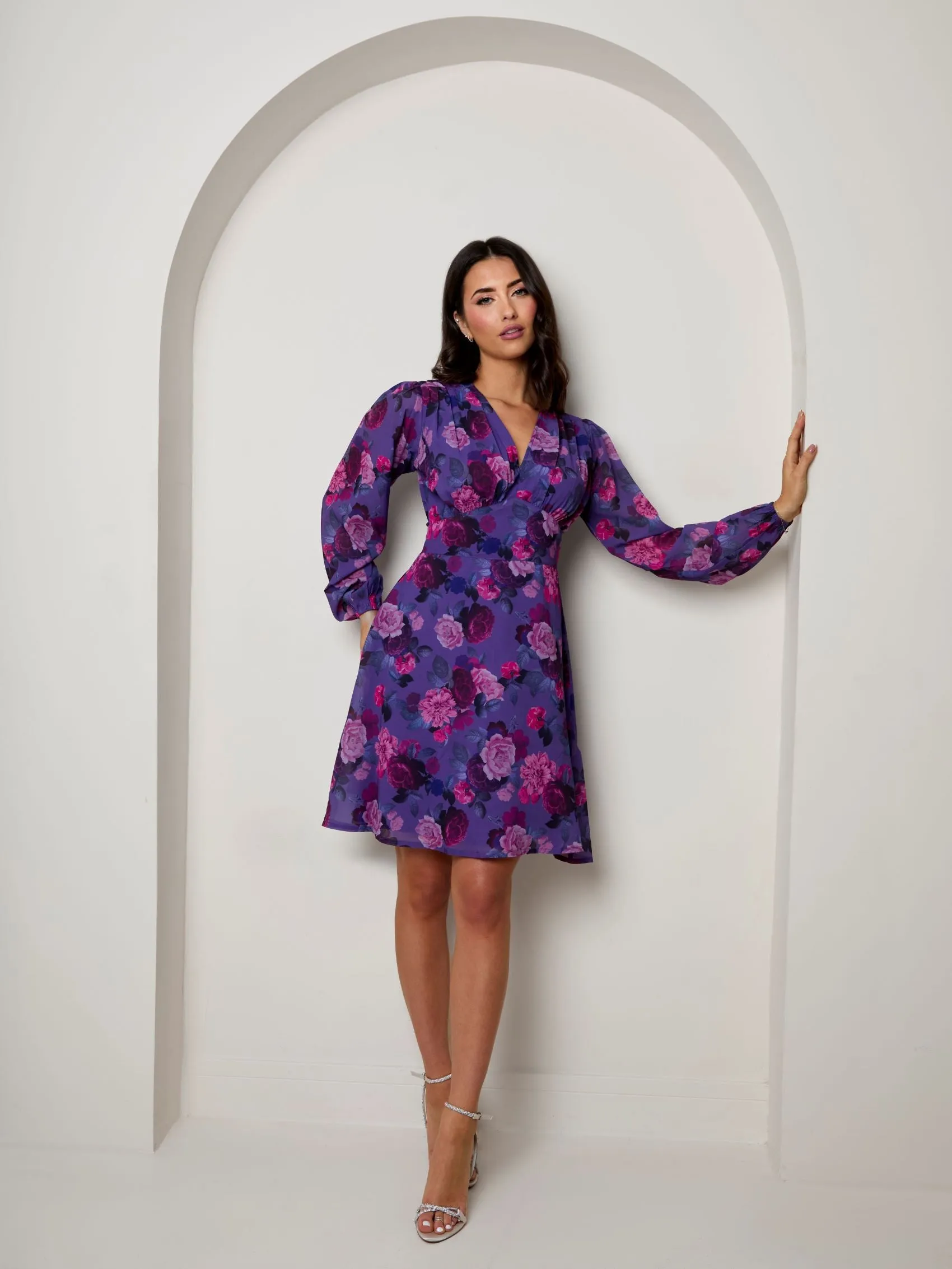 V Neck Floral Printed Chiffon Dress in Purple sold by Chi Chi London