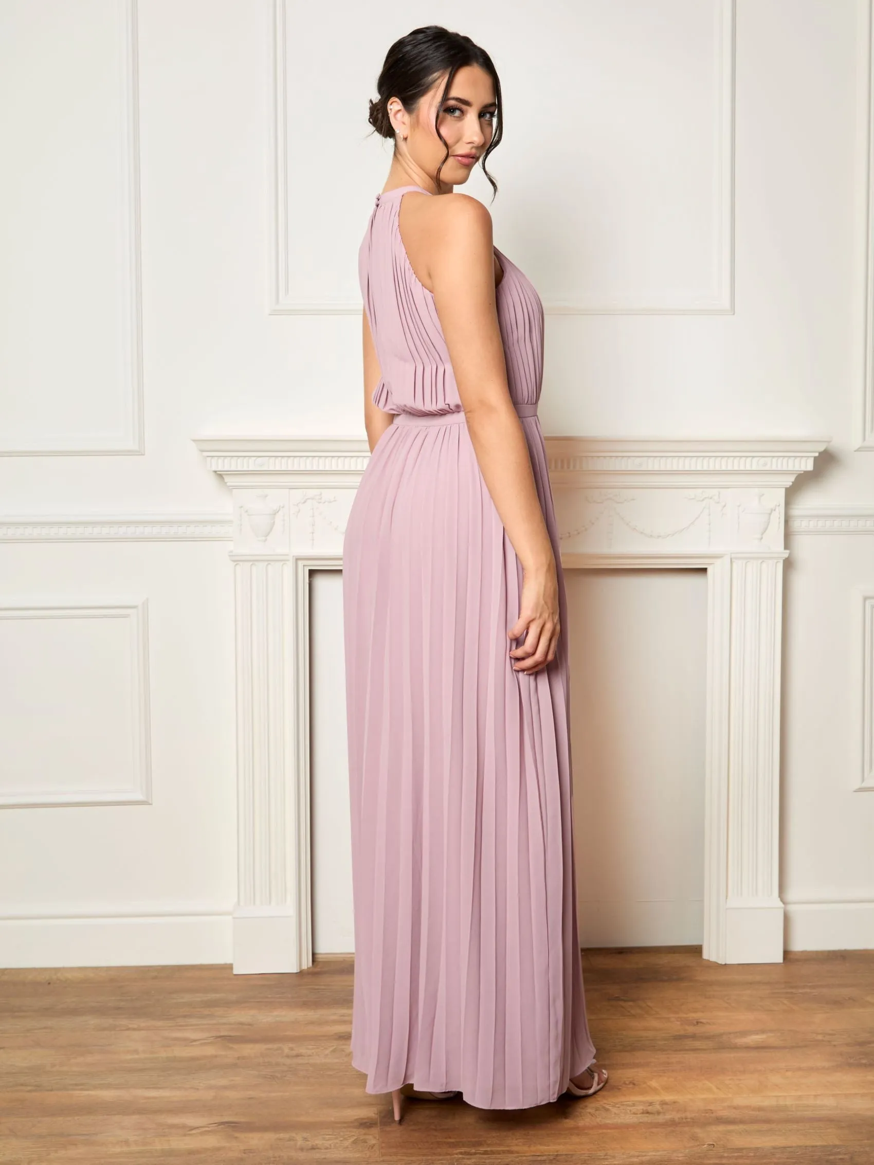 Pleated Chiffon Maxi Dress in Blush Pink sold by Chi Chi London product image thumbnail 5