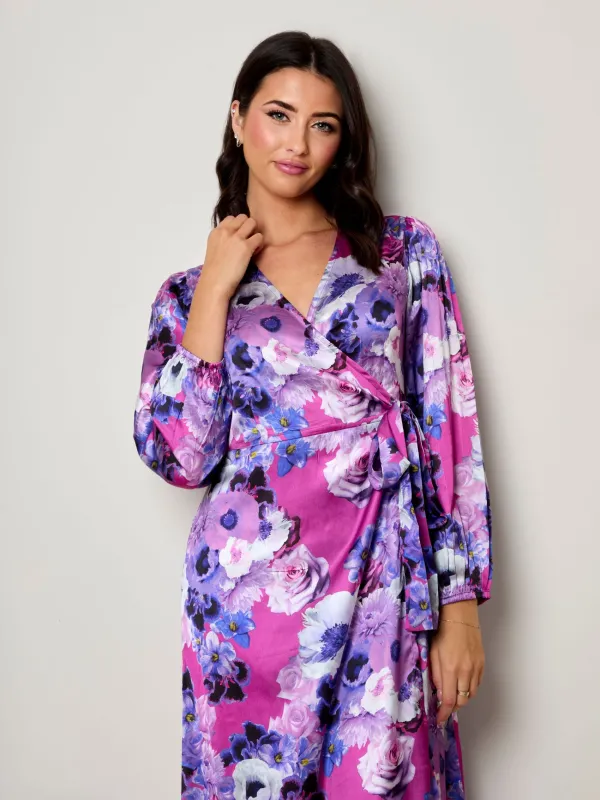 Plus Size Long Sleeve Floral Wrap Dress in Purple made by Chi Chi London
