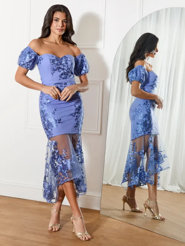 Peplum Embroidered Bodycon Dress in Blue sold by Chi Chi London
