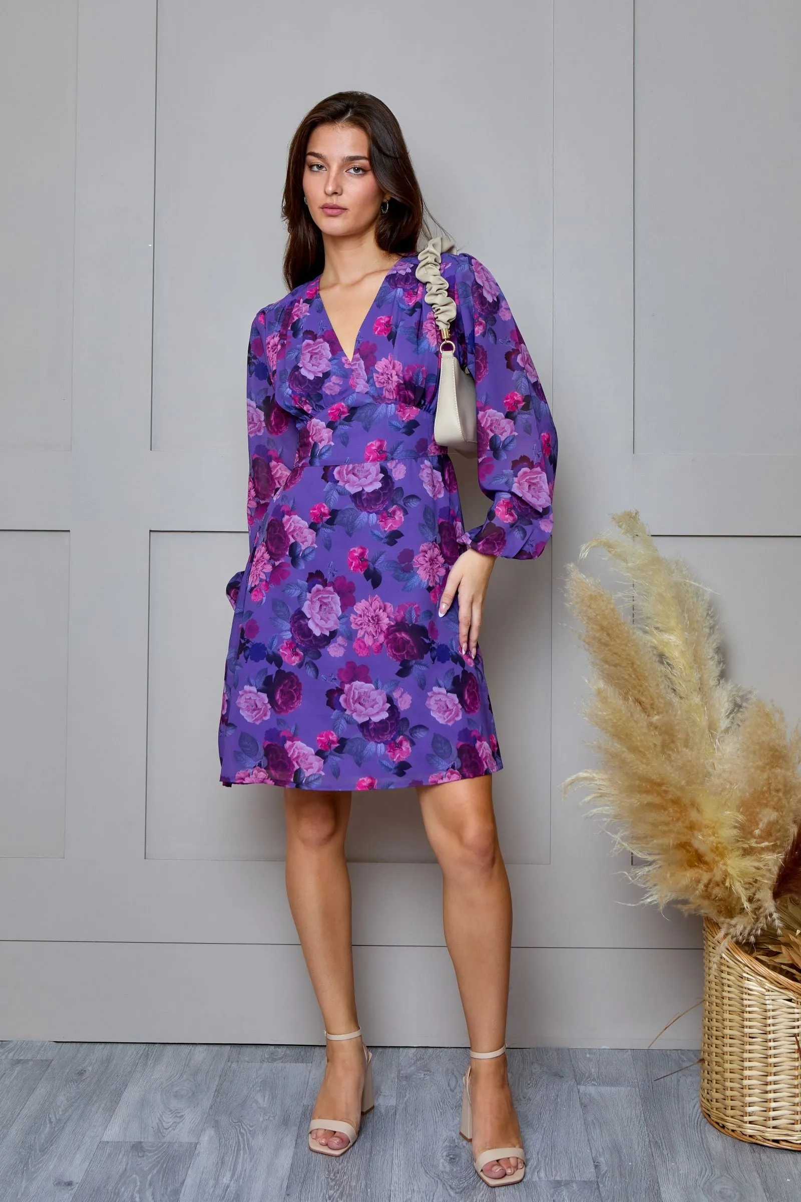 Plus Size V Neck Floral Printed Chiffon Dress in Purple sold by Chi Chi London product image thumbnail 4