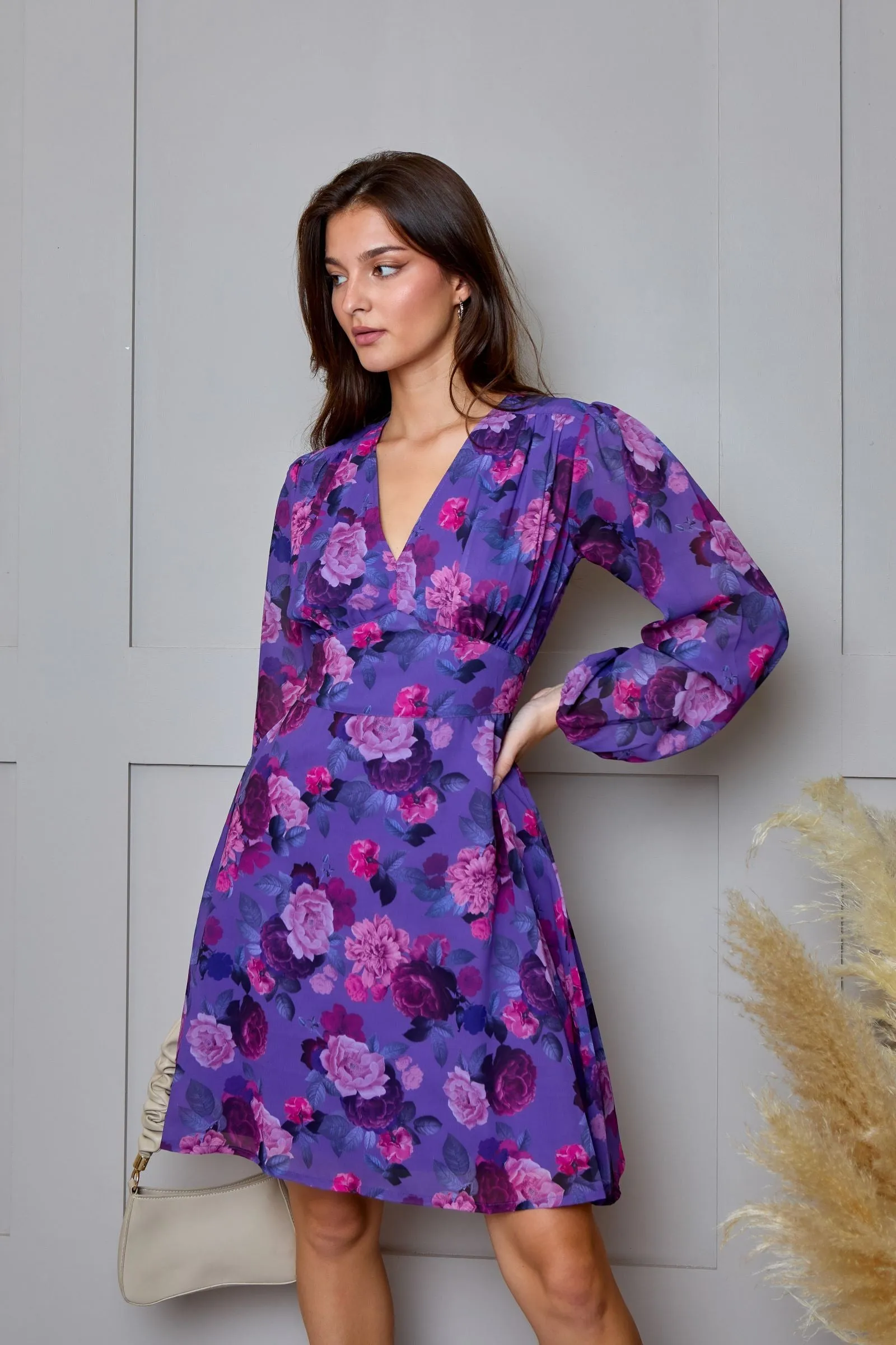 Plus Size V Neck Floral Printed Chiffon Dress in Purple sold by Chi Chi London product image thumbnail 5