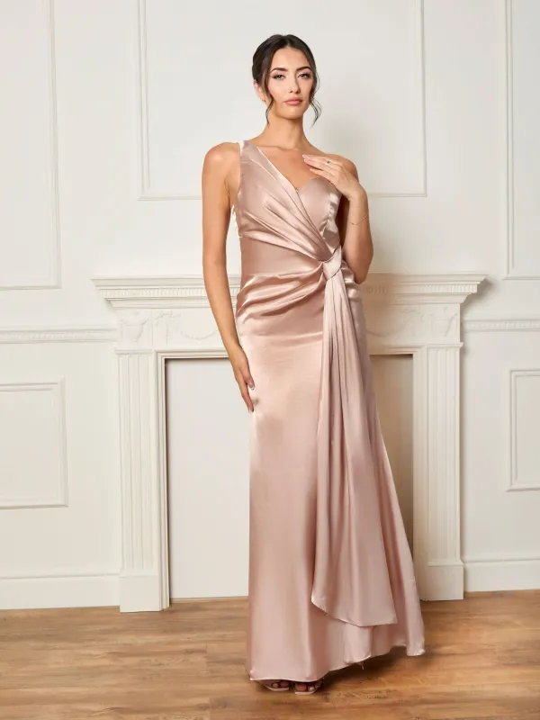 One Shoulder Satin Finish Maxi Dress in Champagne made by Chi Chi London