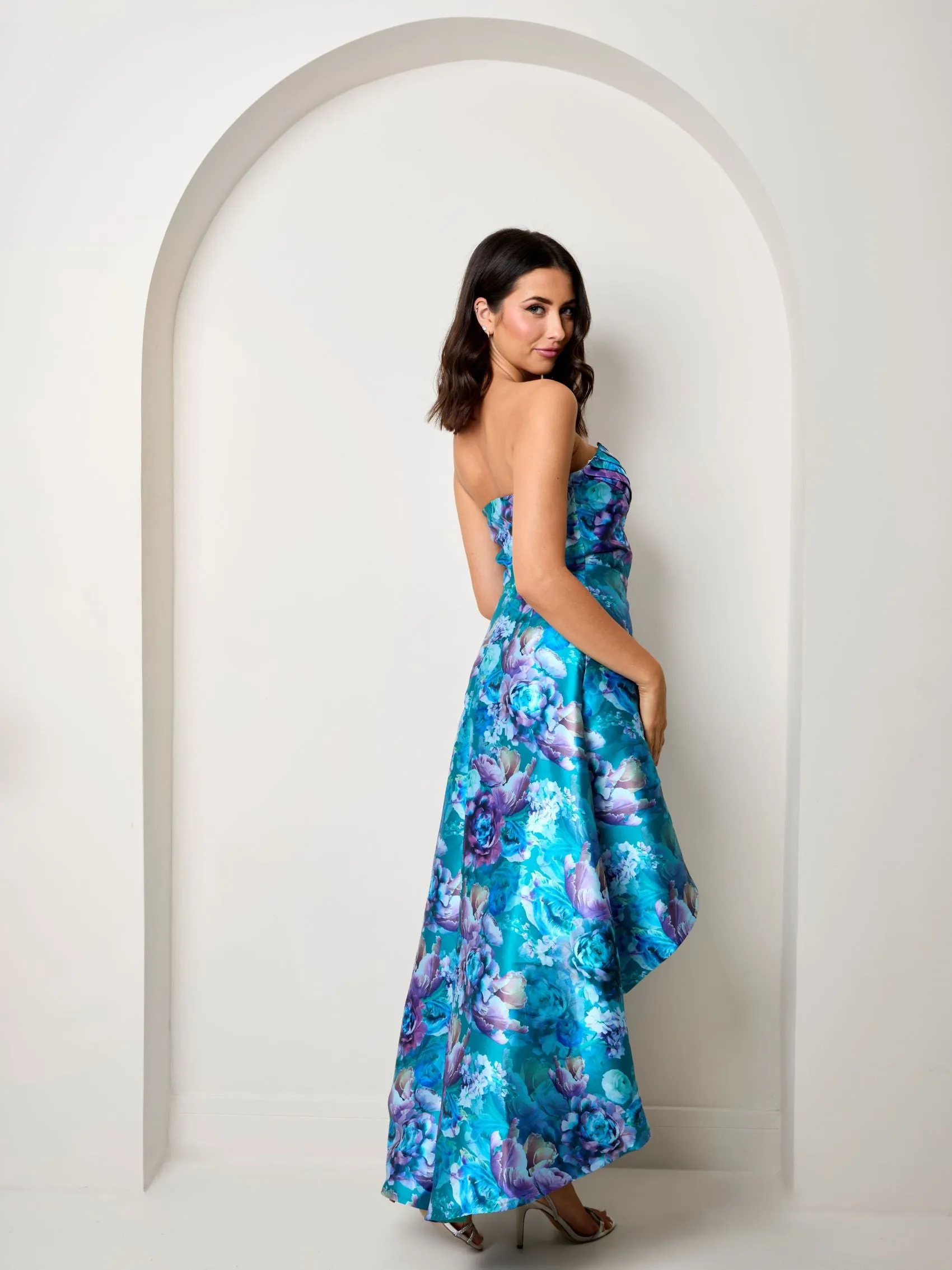 Bandeau Sweetheart Floral Wrap Detail Dip Hem Dress in Blue sold by Chi Chi London product image thumbnail 2
