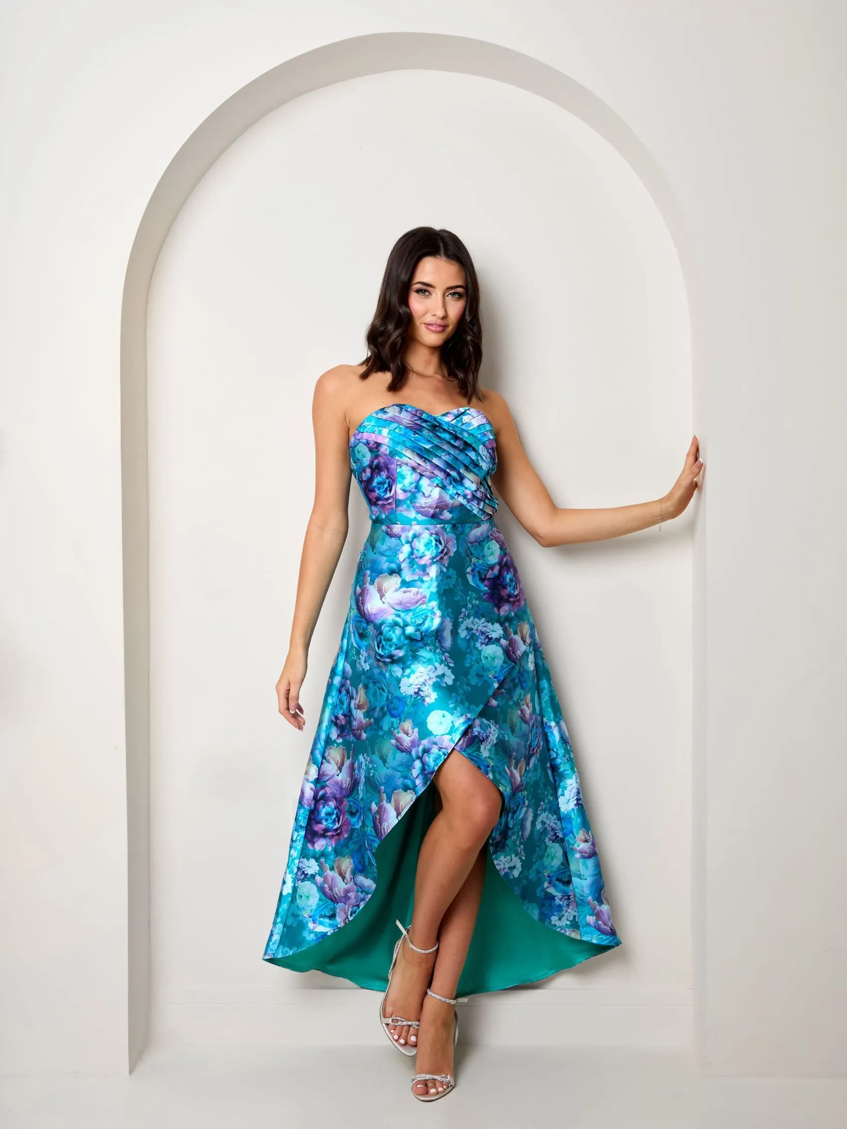 Bandeau Sweetheart Floral Wrap Detail Dip Hem Dress in Blue sold by Chi Chi London product image thumbnail 4