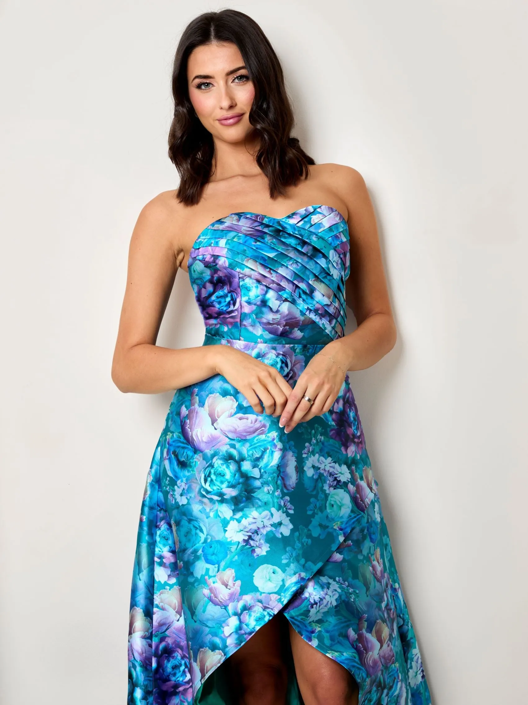 Bandeau Sweetheart Floral Wrap Detail Dip Hem Dress in Blue sold by Chi Chi London product image thumbnail 3