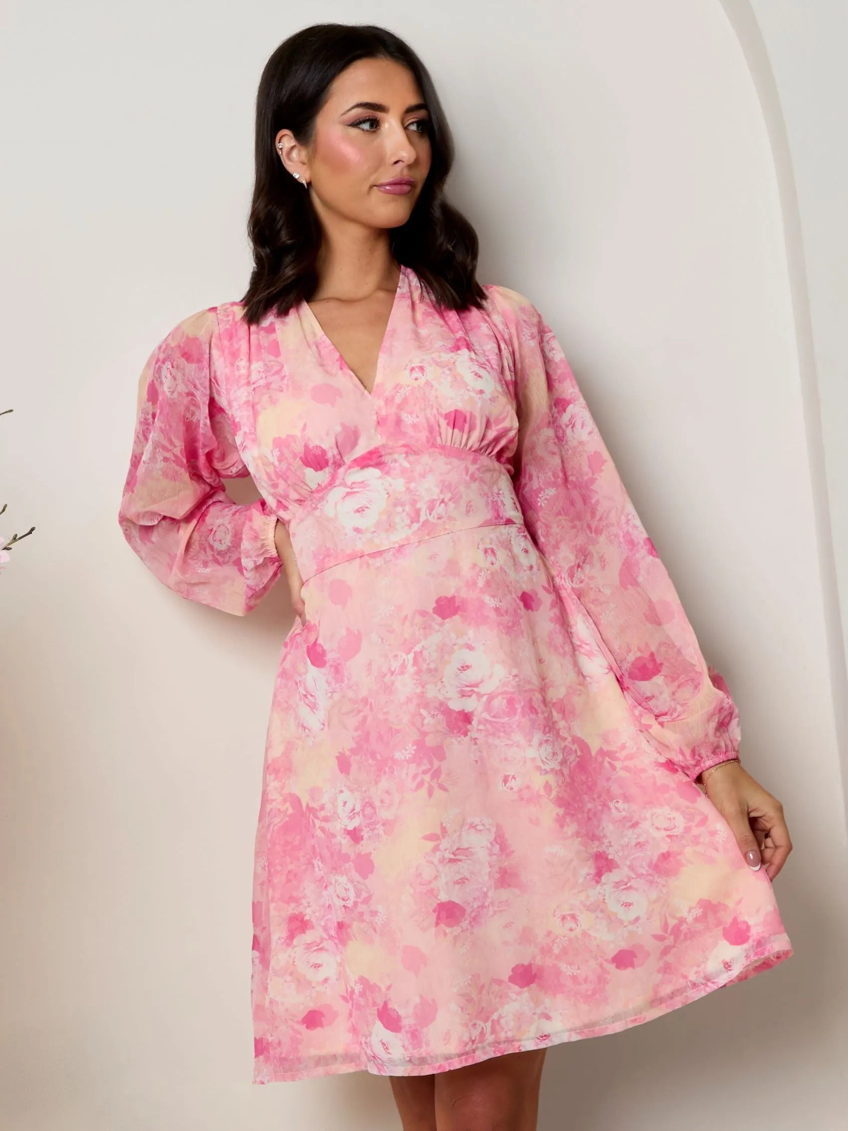 Plus Size Long Sleeve Floral Mini Dress in Pink sold by Chi Chi London