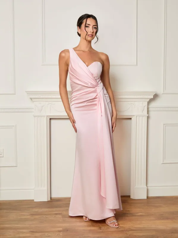 One Shoulder Satin Finish Maxi Dress in Blush Pink made by Chi Chi London