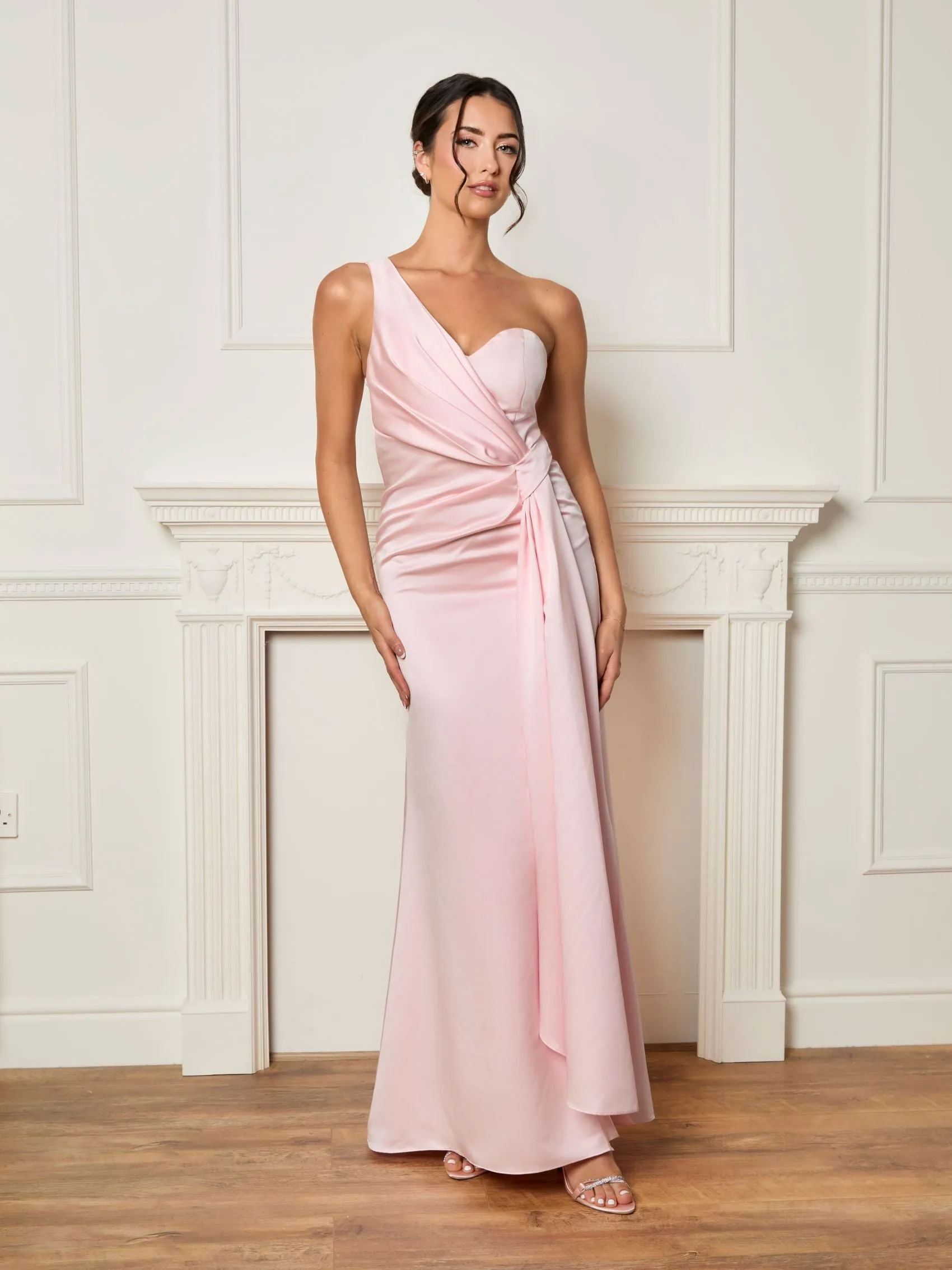 One Shoulder Satin Finish Maxi Dress in Blush Pink sold by Chi Chi London