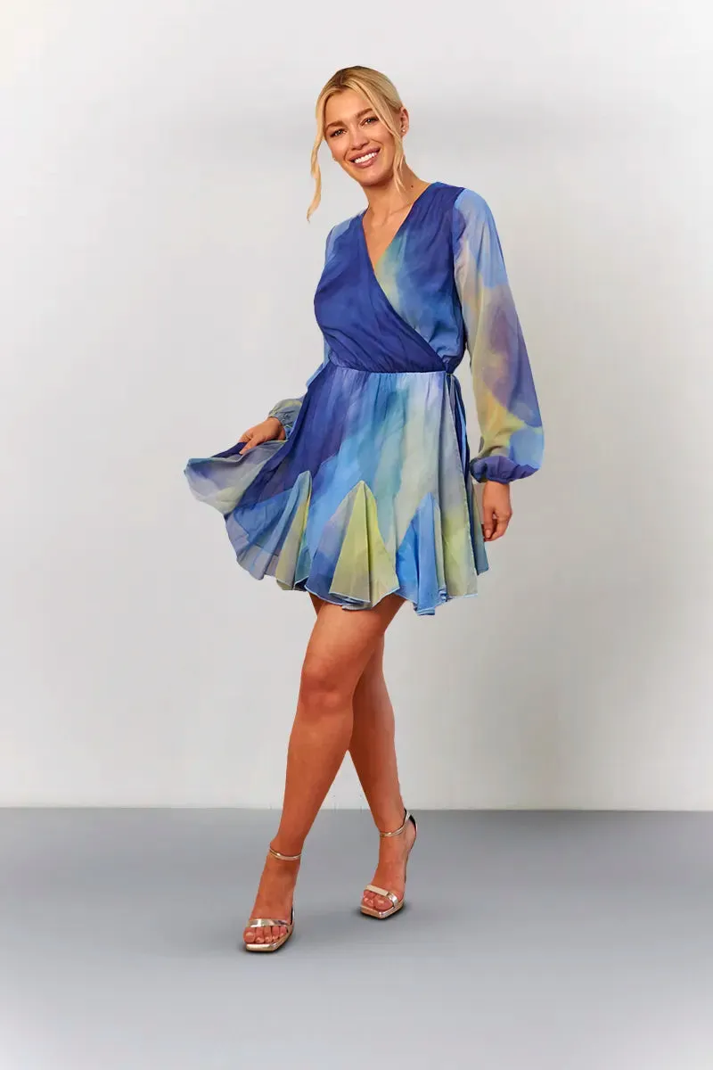 In The Style Blue Abstract Print Chiffon Wrap Godet Frill Mini Dress sold by Chi Chi London