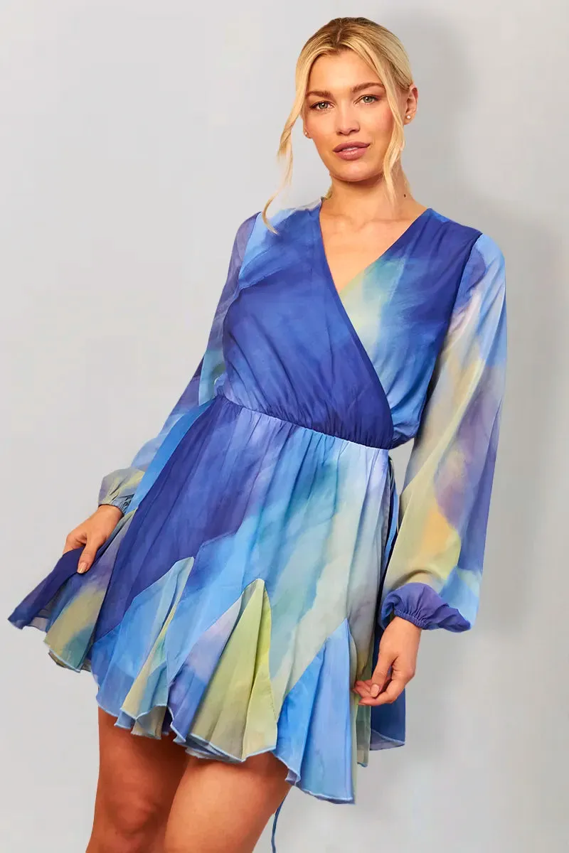 In The Style Blue Abstract Print Chiffon Wrap Godet Frill Mini Dress sold by Chi Chi London product image thumbnail 2