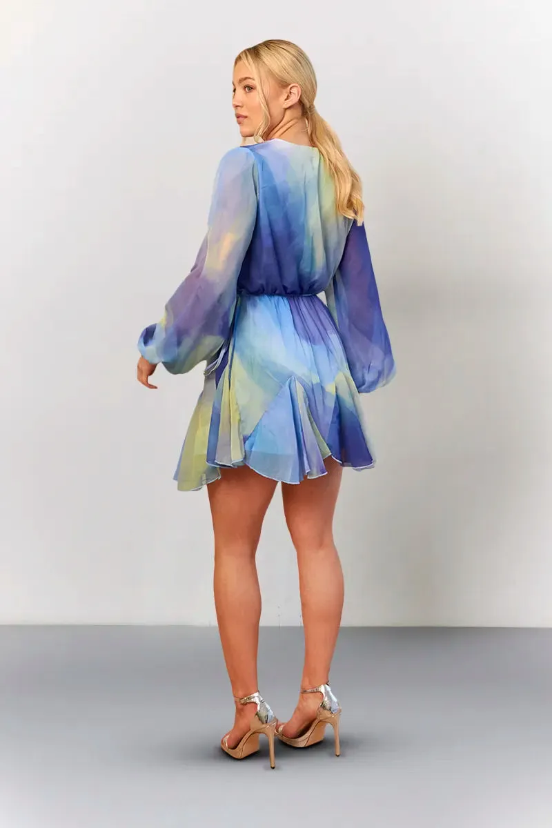 In The Style Blue Abstract Print Chiffon Wrap Godet Frill Mini Dress sold by Chi Chi London product image thumbnail 3