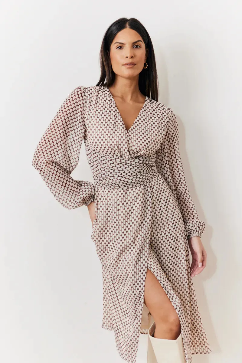 In The Style Cream Geometric Print Chiffon Balloon Sleeve Wrap Midi Dress sold by Chi Chi London product image thumbnail 5