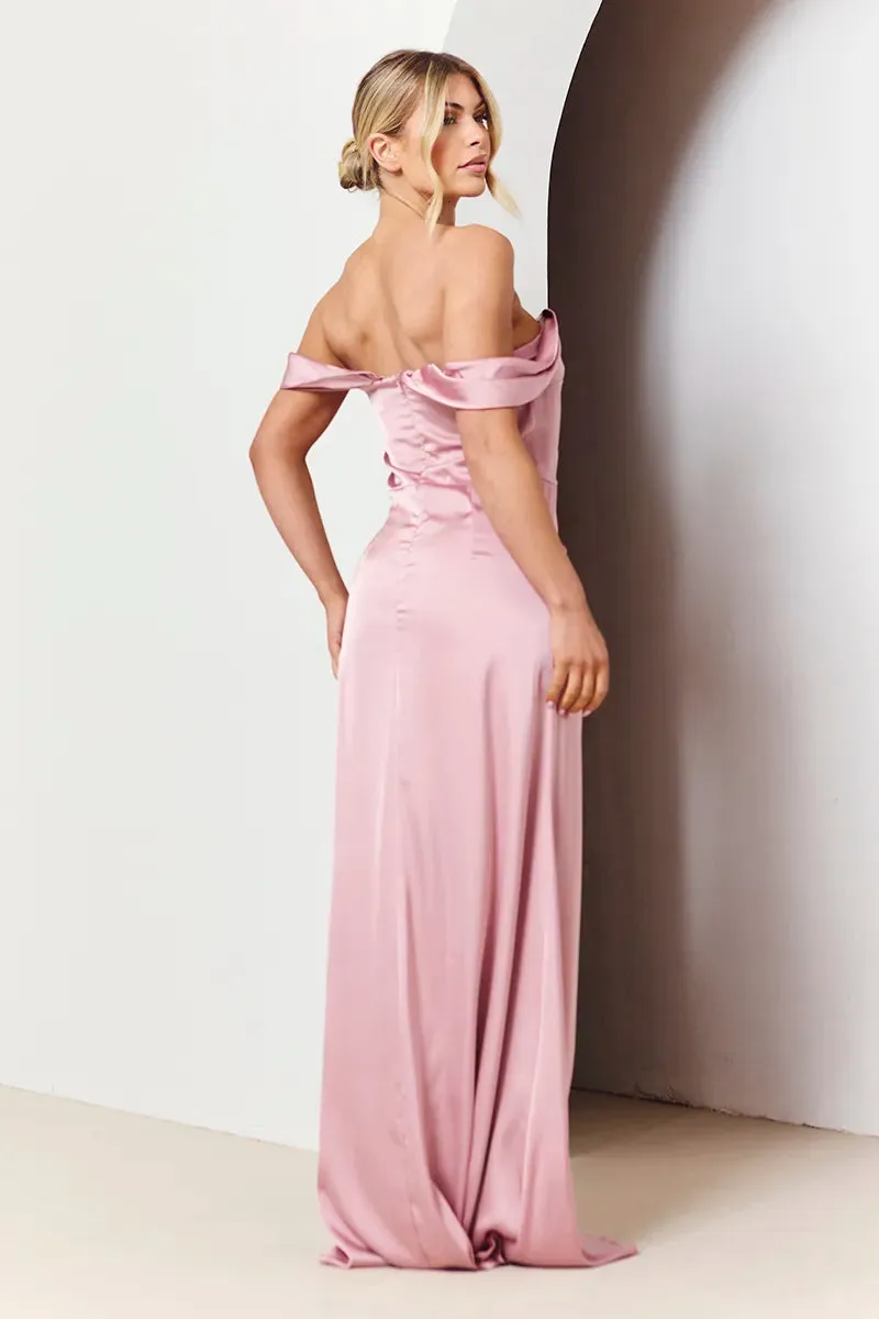 In The Style Rose Pink Satin Bardot Ruched Maxi Dress sold by Chi Chi London product image thumbnail 4