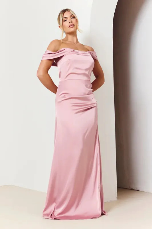 In The Style Rose Pink Satin Bardot Ruched Maxi Dress sold by Chi Chi London