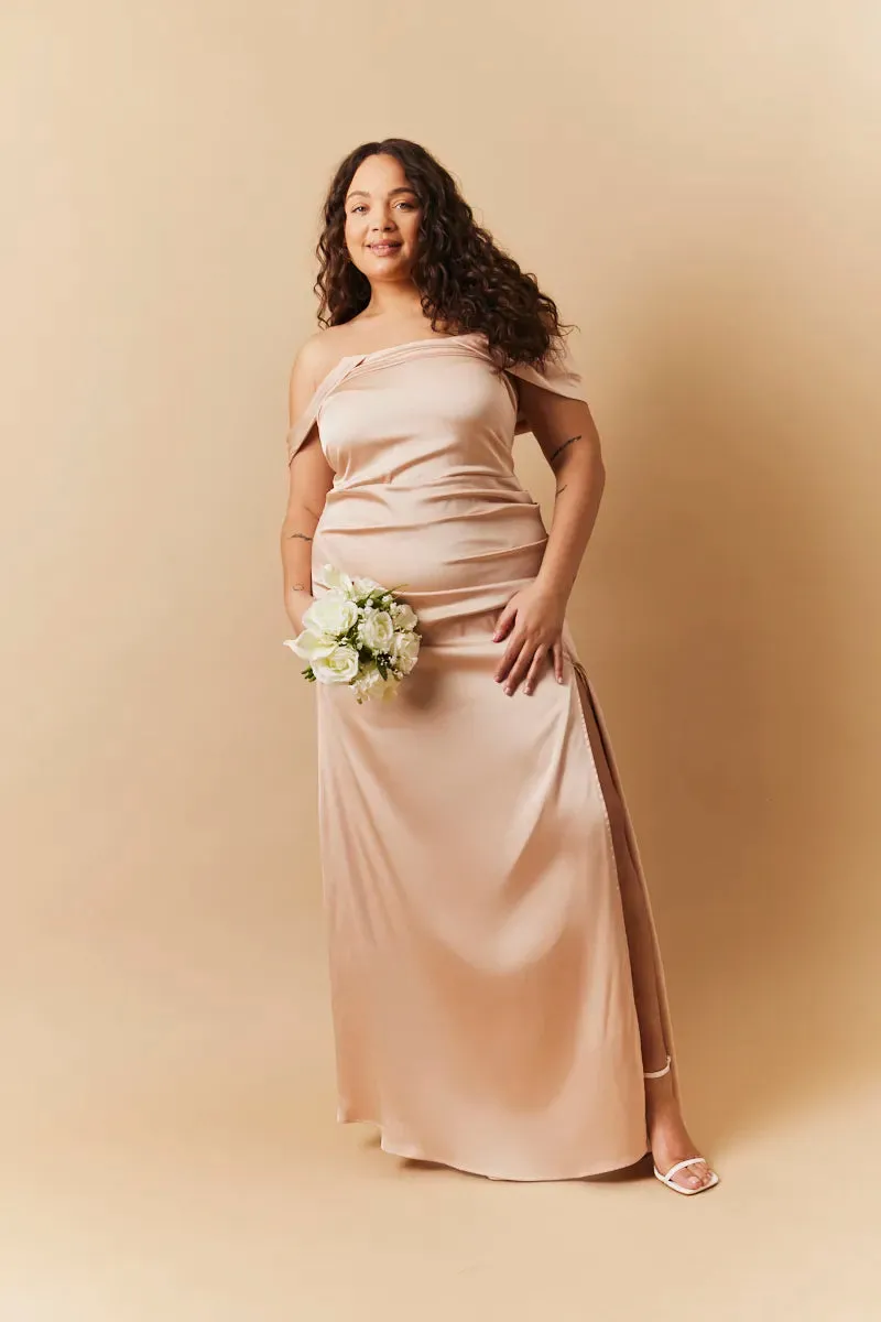 In The Style Light Gold Satin Bardot Ruched Maxi Dress sold by Chi Chi London product image thumbnail 5