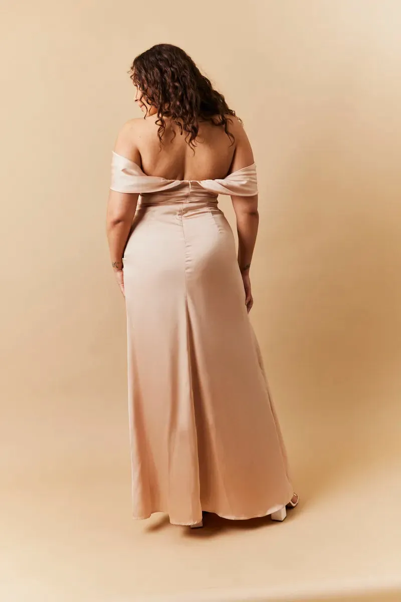 In The Style Light Gold Satin Bardot Ruched Maxi Dress sold by Chi Chi London product image thumbnail 3