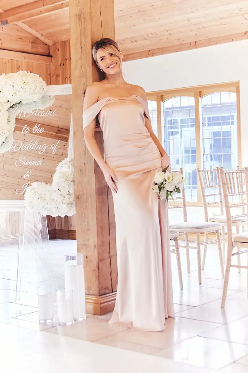 In The Style Light Gold Satin Bardot Ruched Maxi Dress sold by Chi Chi London product image thumbnail 4