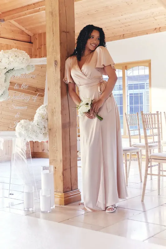 In The Style Light Gold Satin Wrap Tie Angel Sleeve Maxi Dress made by Chi Chi London