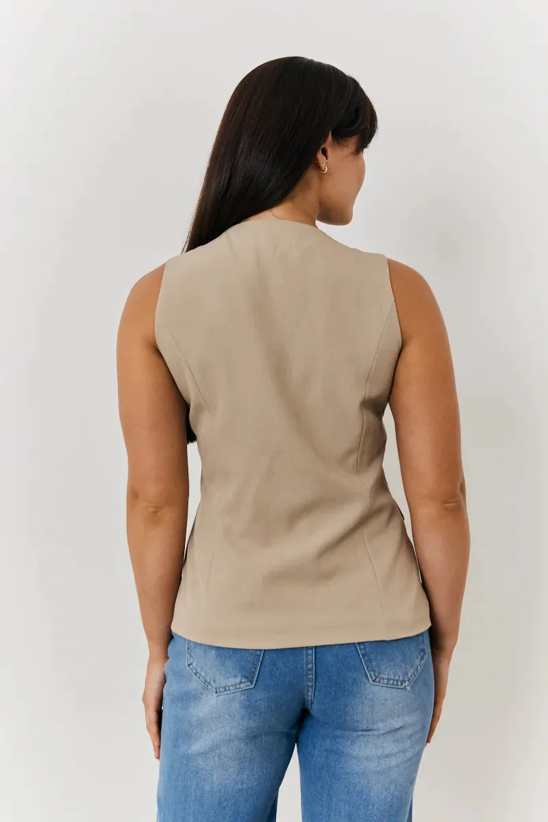 In The Style Longline Button Through Waistcoat in Stone sold by Chi Chi London product image thumbnail 4