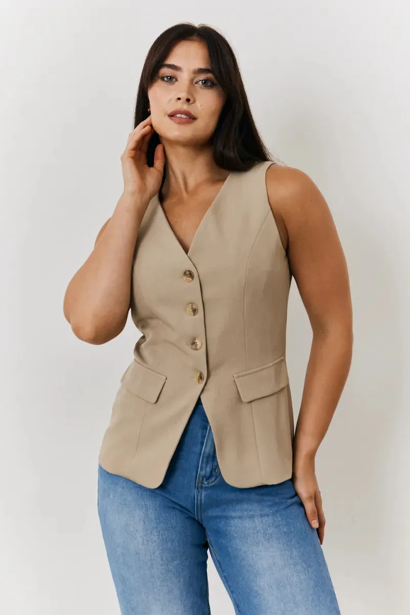 In The Style Longline Button Through Waistcoat in Stone sold by Chi Chi London
