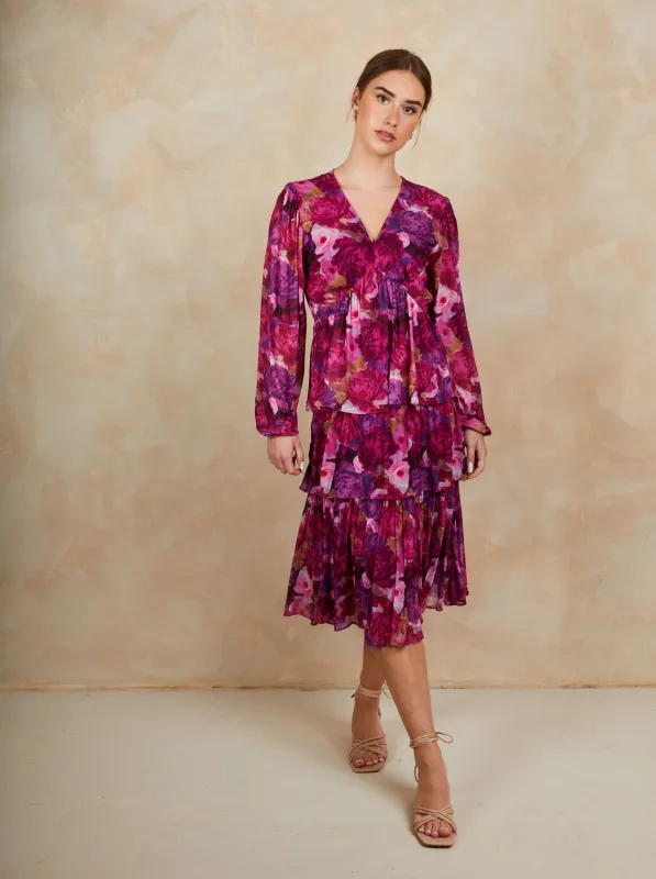 Long Sleeve Floral Printed Mesh Tiered Midi Dress made by Chi Chi London