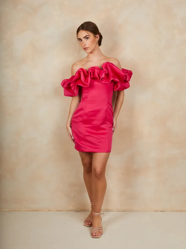 Ruffle Bardot Satin Mini Dress in Pink sold by Chi Chi London