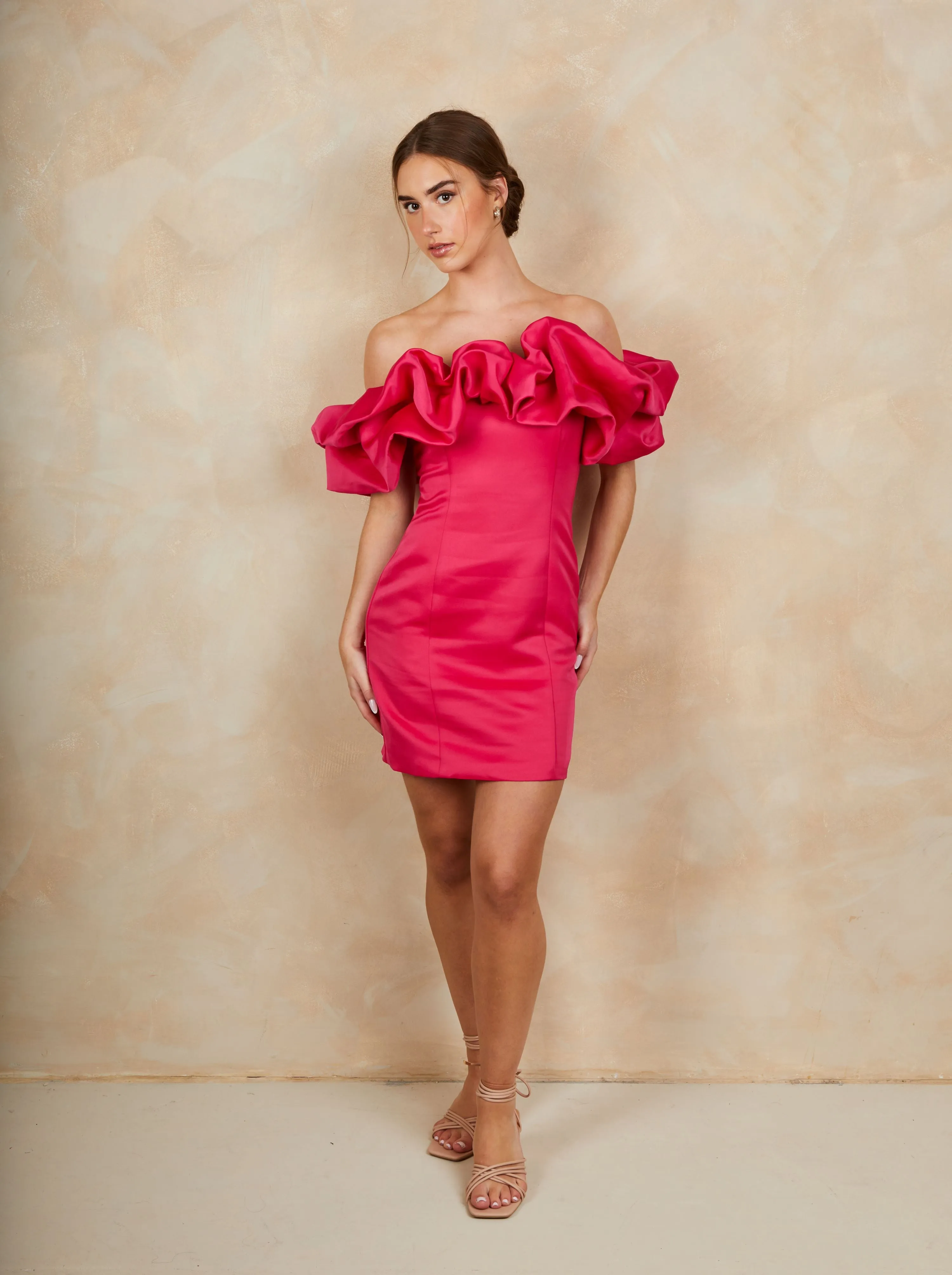 Ruffle Bardot Satin Mini Dress in Pink sold by Chi Chi London