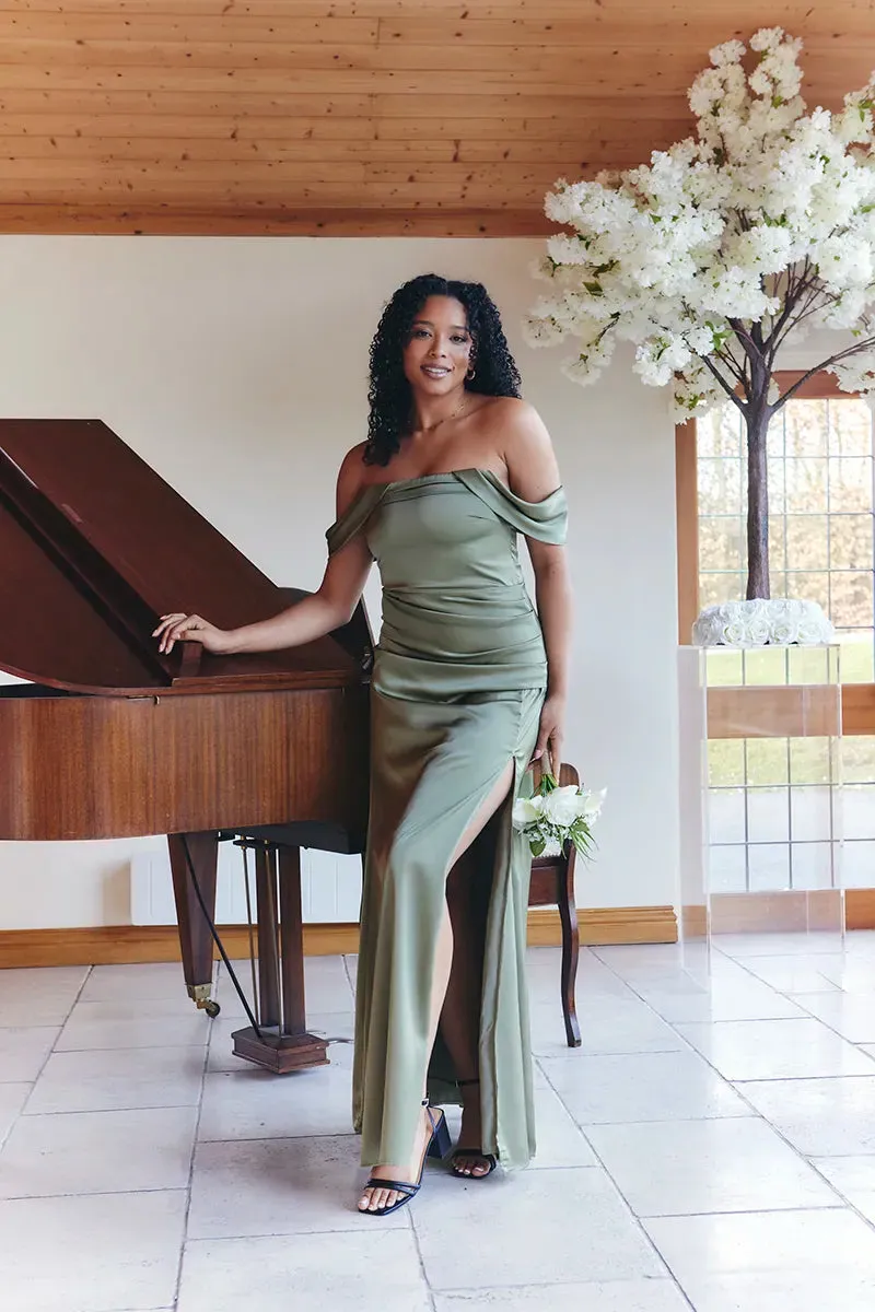 In The Style Olive Satin Bardot Ruched Maxi Dress sold by Chi Chi London product image thumbnail 4