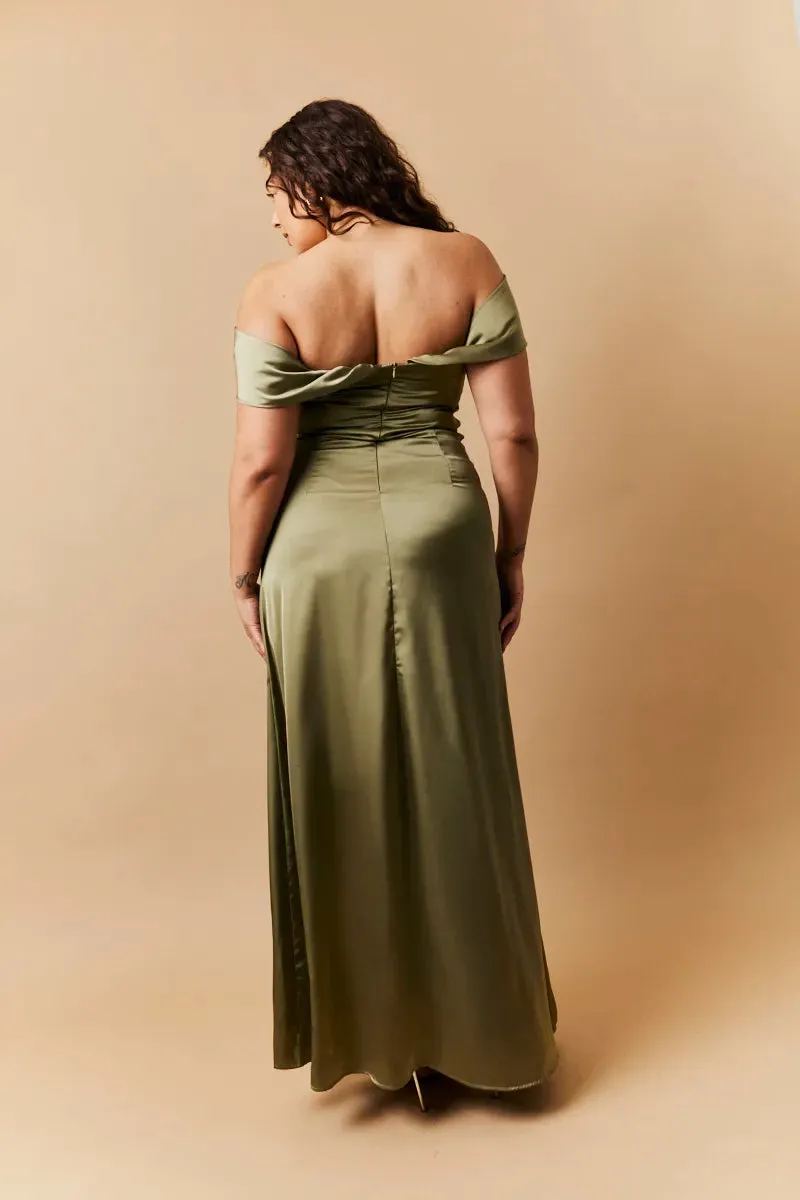 In The Style Olive Satin Bardot Ruched Maxi Dress sold by Chi Chi London product image thumbnail 3