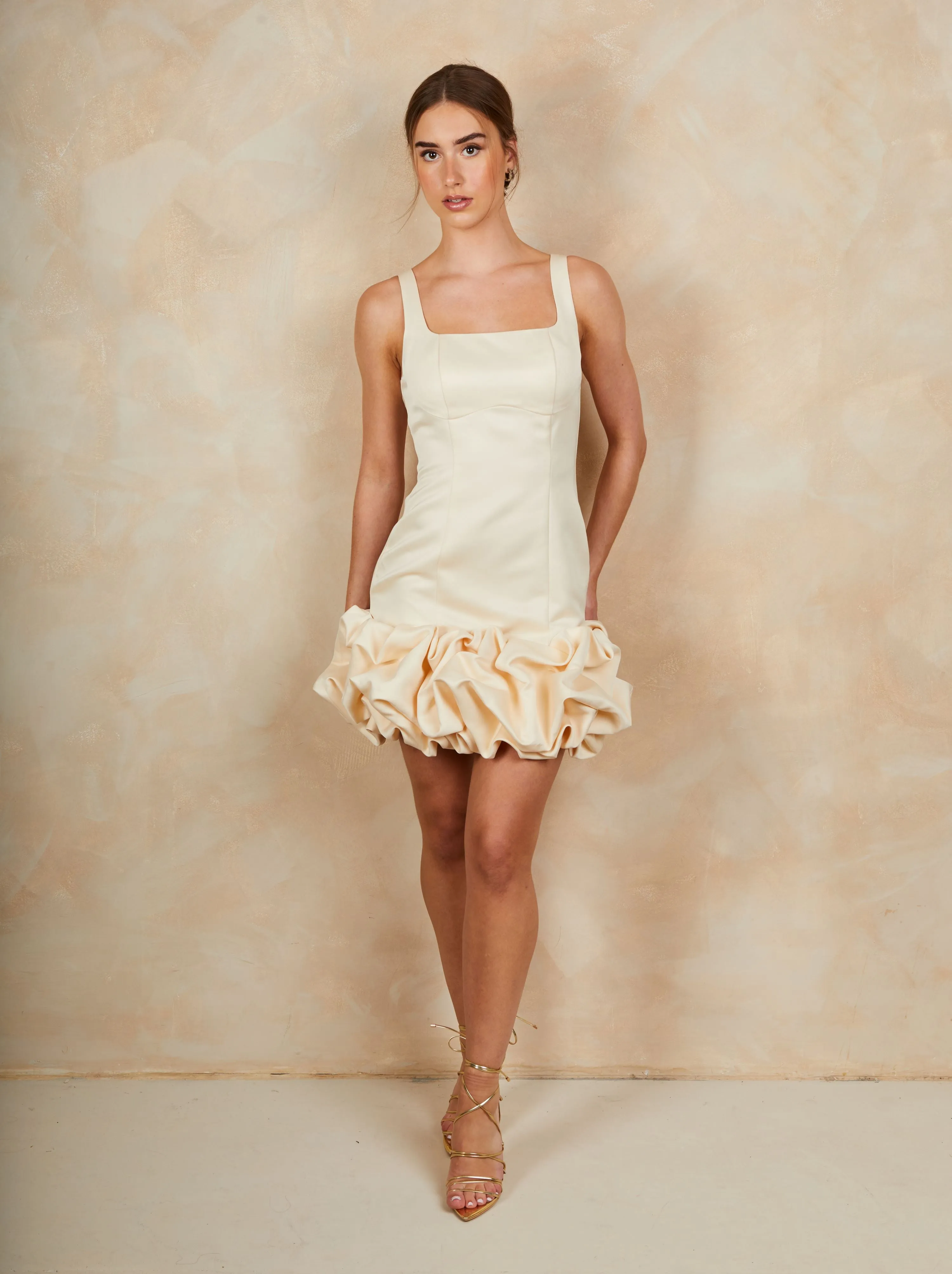 Ruffle Hem Satin Mini Dress in Cream sold by Chi Chi London product image thumbnail 4