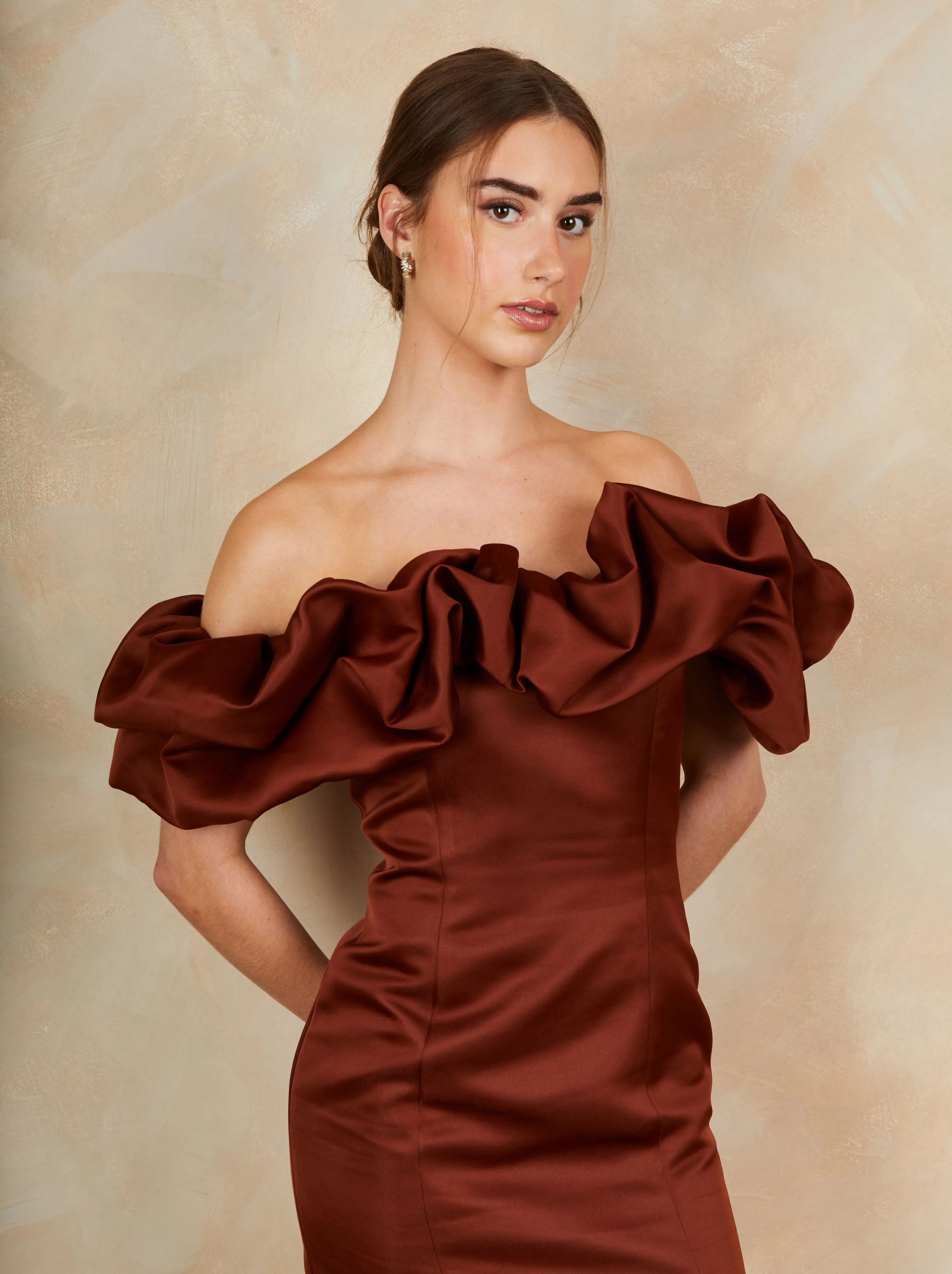 Ruffle Bardot Satin Midi Dress in Chocolate sold by Chi Chi London product image thumbnail 5
