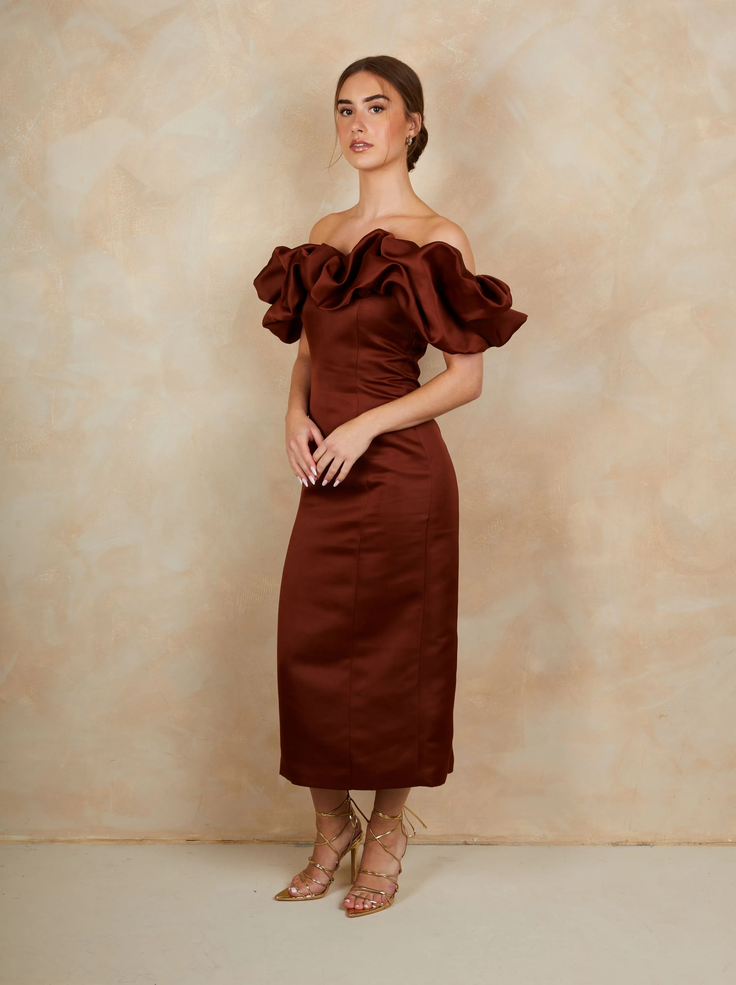 Ruffle Bardot Satin Midi Dress in Chocolate sold by Chi Chi London product image thumbnail 3