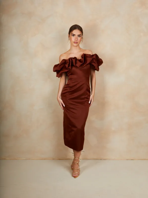 Ruffle Bardot Satin Midi Dress in Chocolate sold by Chi Chi London