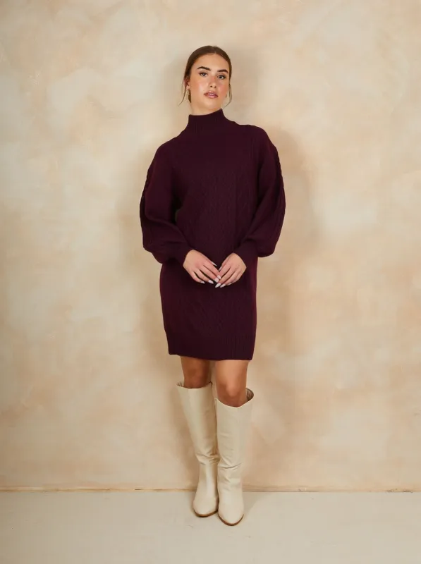 Roll Neck Knitted Dress in Burgundy made by Chi Chi London