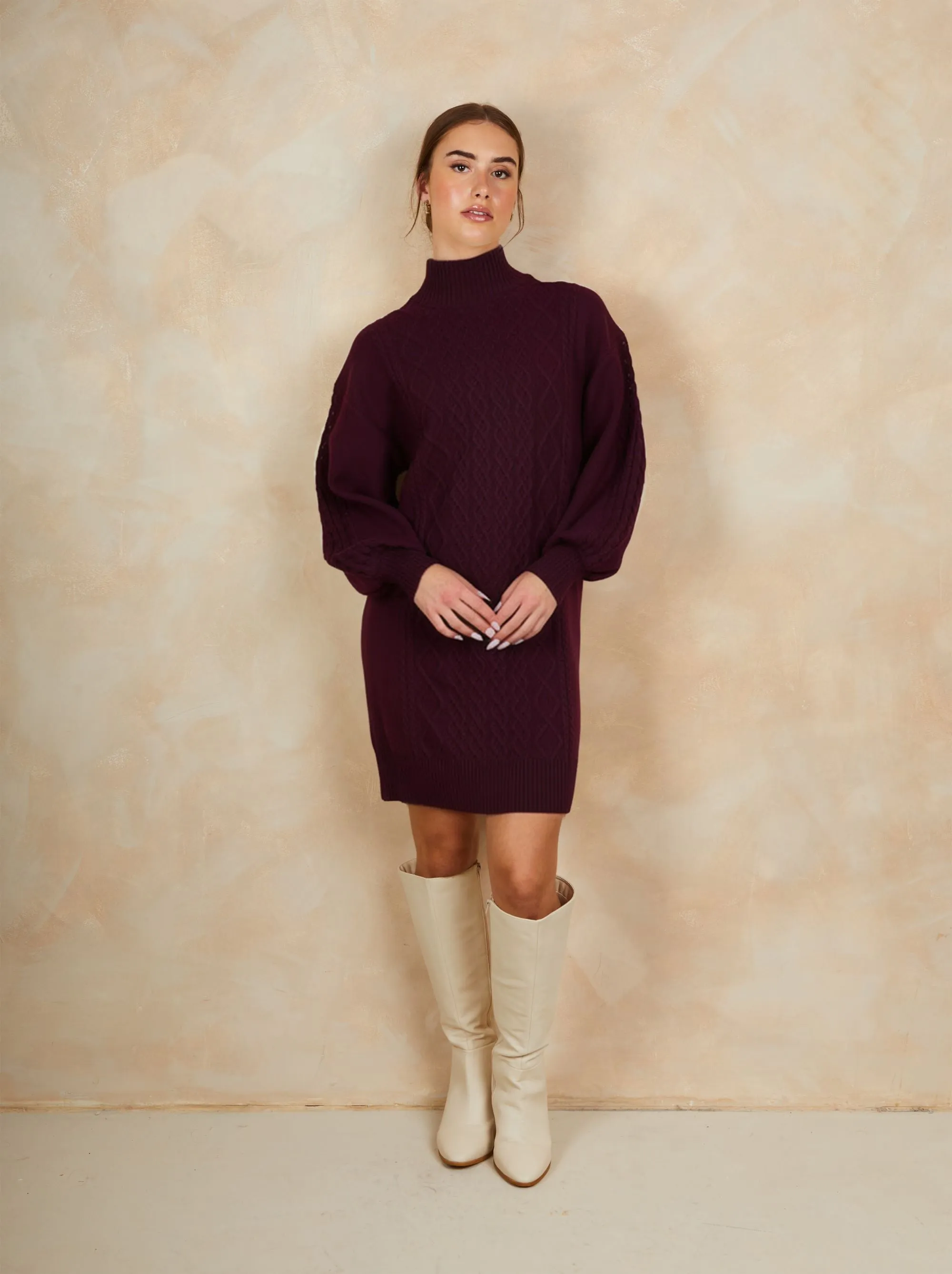 Roll Neck Knitted Dress in Burgundy sold by Chi Chi London